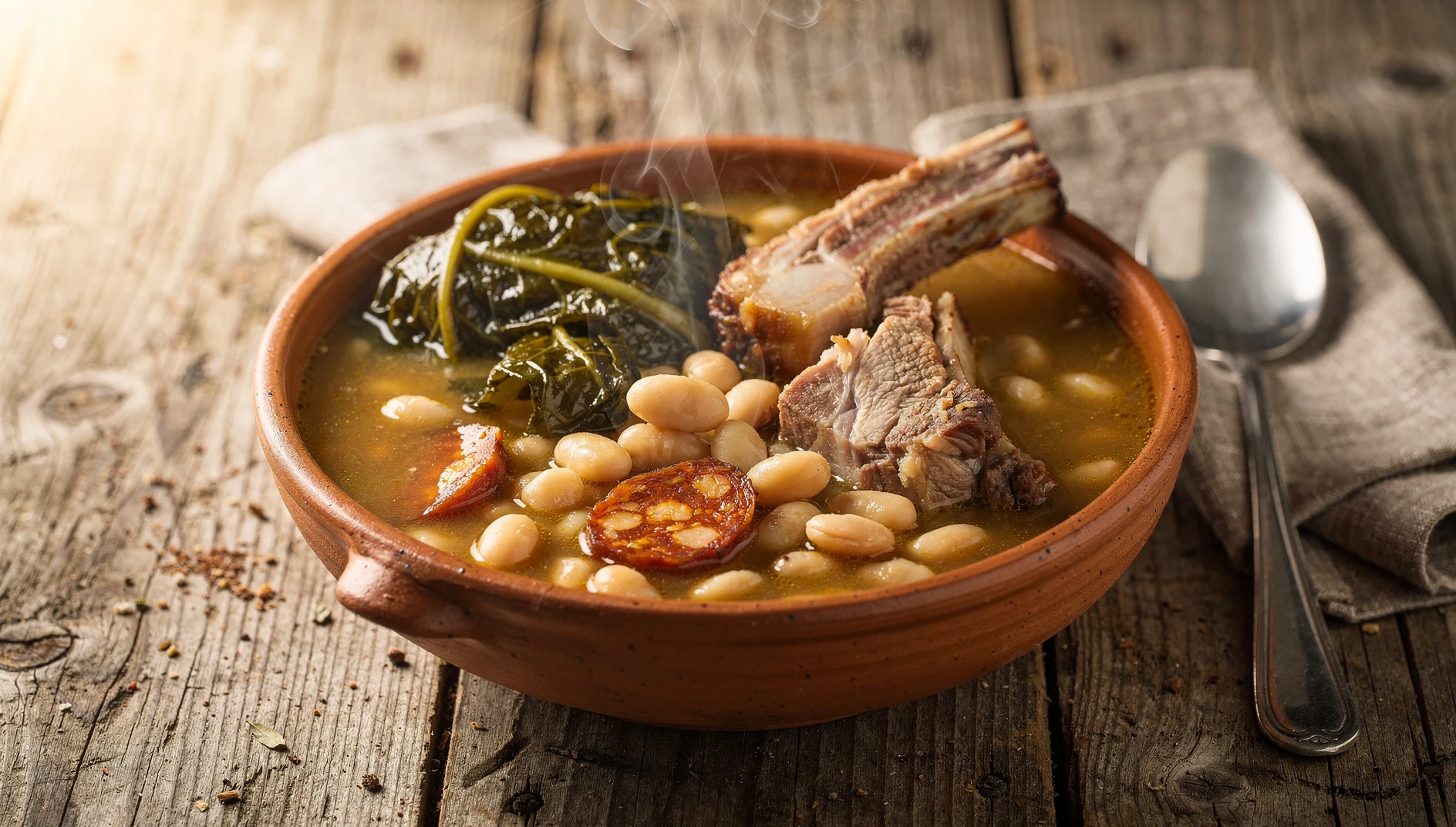 Cocido montañés servido en cazuela de barro con alubias blancas, berza, chorizo y costilla de cerdo