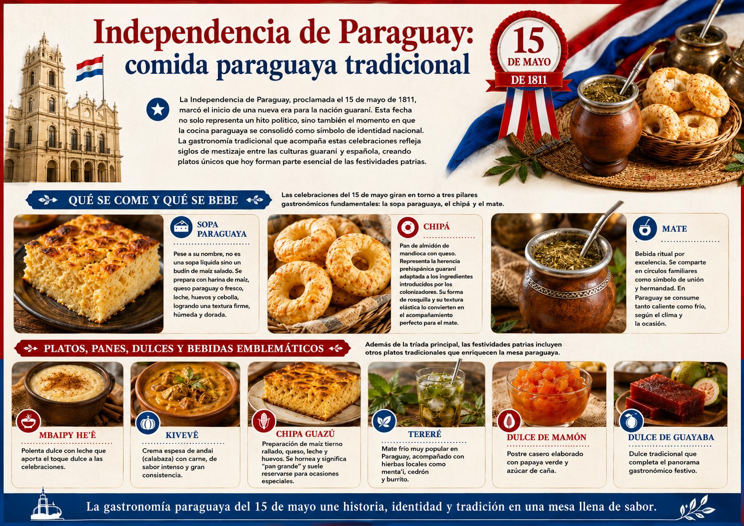 Infografía sobre la comida paraguaya tradicional de la Independencia de Paraguay, con sopa paraguaya, chipá, mate, tereré y dulces típicos.