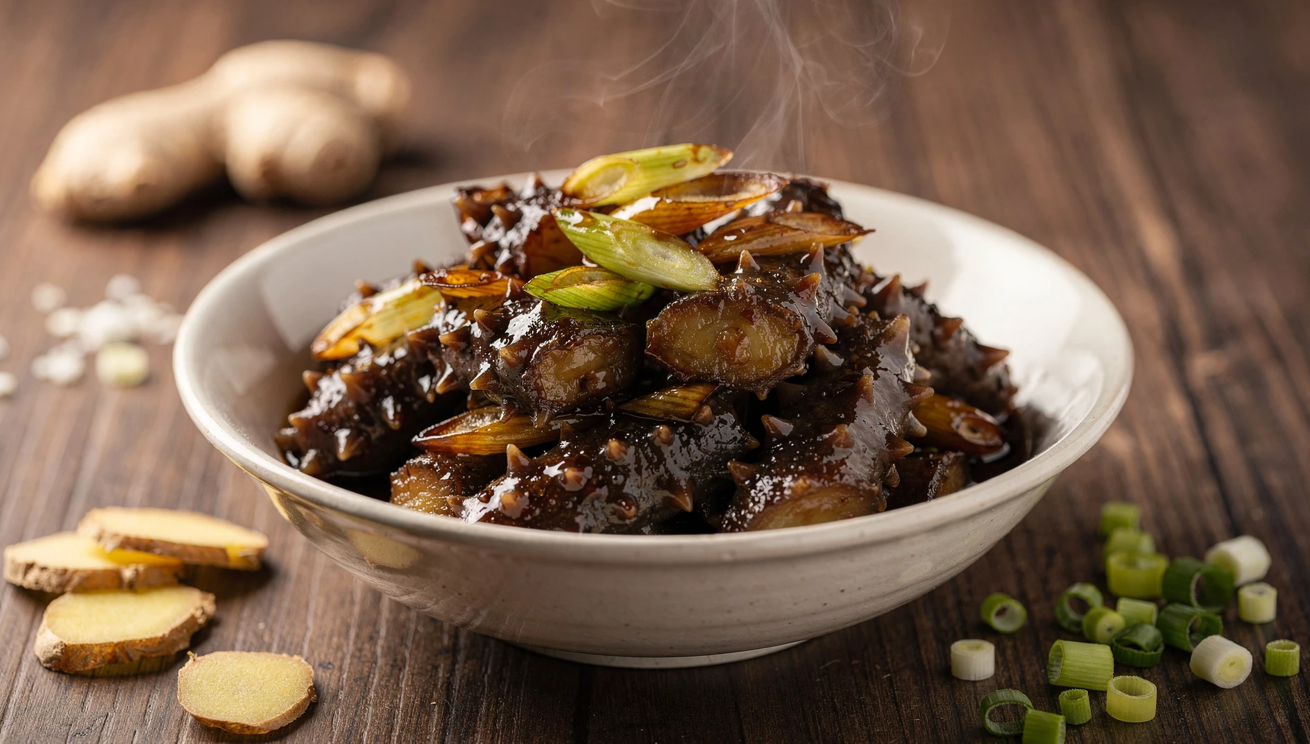Pepino de mar braseado con cebolleta caramelizada en salsa oscura servido en bol de cerámica blanca