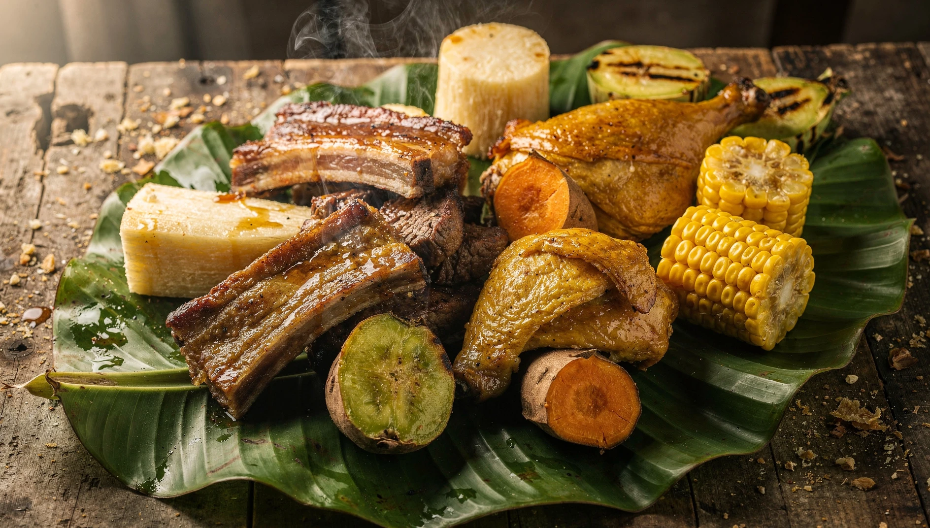 Copús piurano servido sobre hojas de plátano con carnes, yuca, camote y choclo recién desenterrados