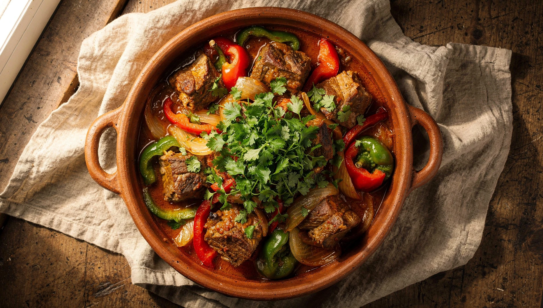 Cazuela de cordero al chilindrón con pimientos rojos y verdes, tomate y perejil fresco
