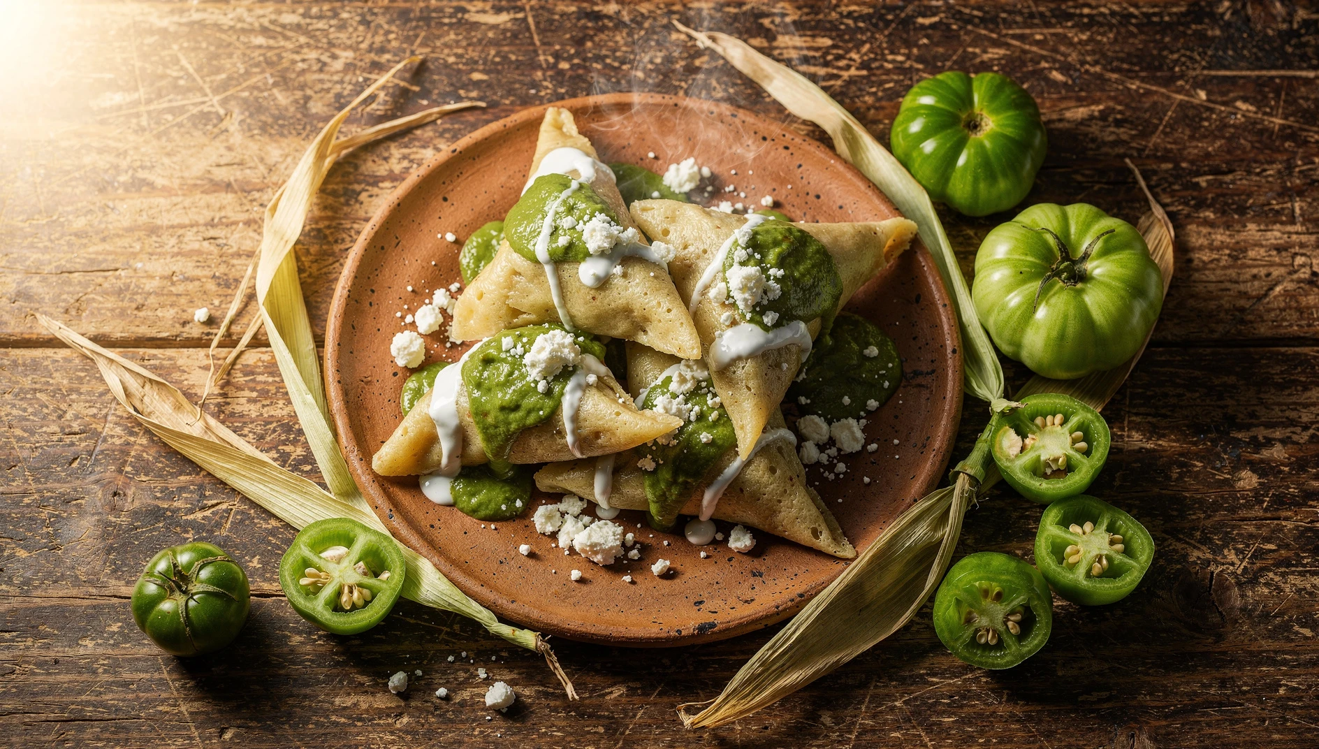 Corundas michoacanas servidas con salsa verde, crema y queso Cotija sobre un plato de barro
