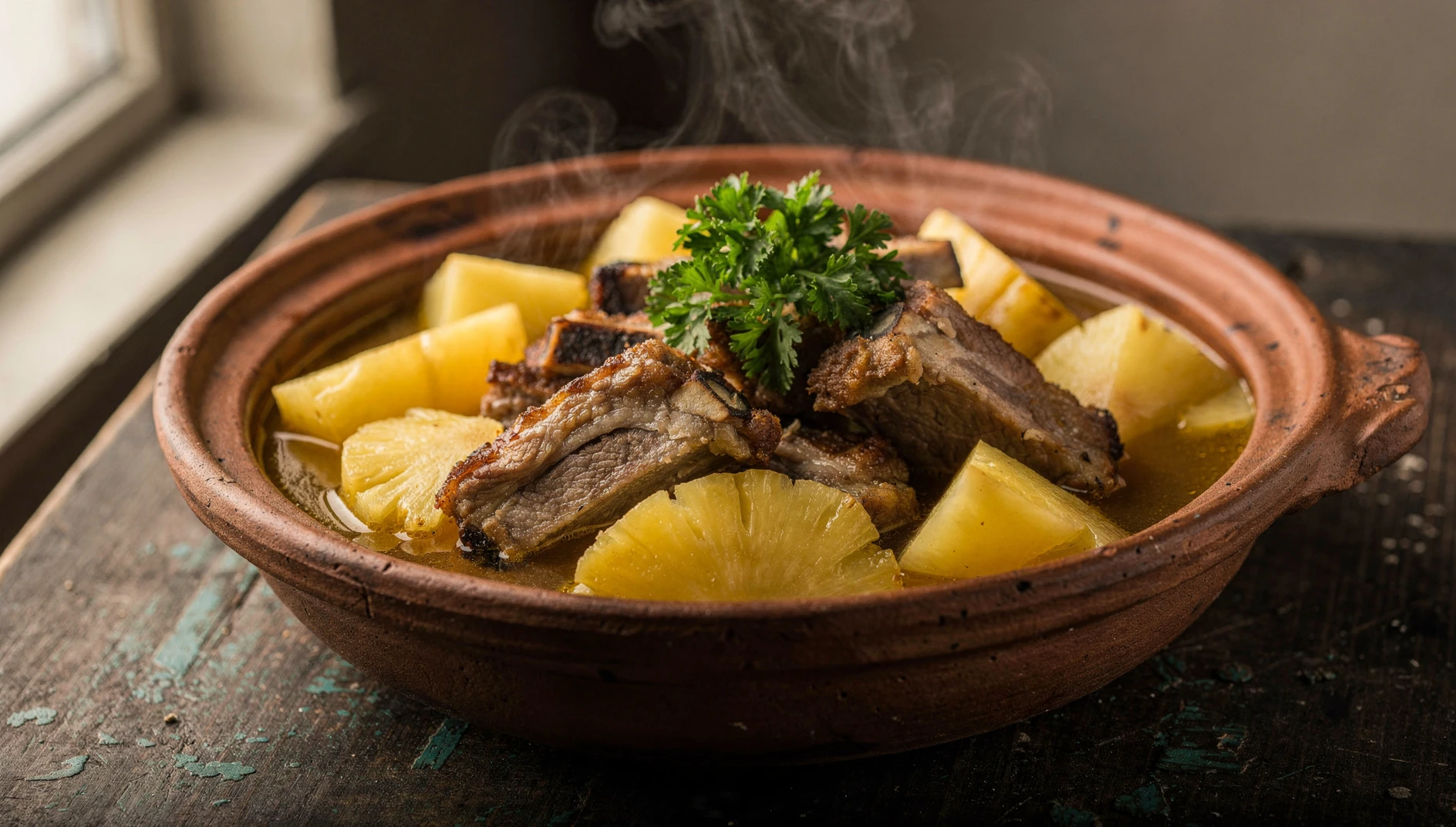 Cazuela de costillas de cerdo con papas y piña al estilo canario recién servida