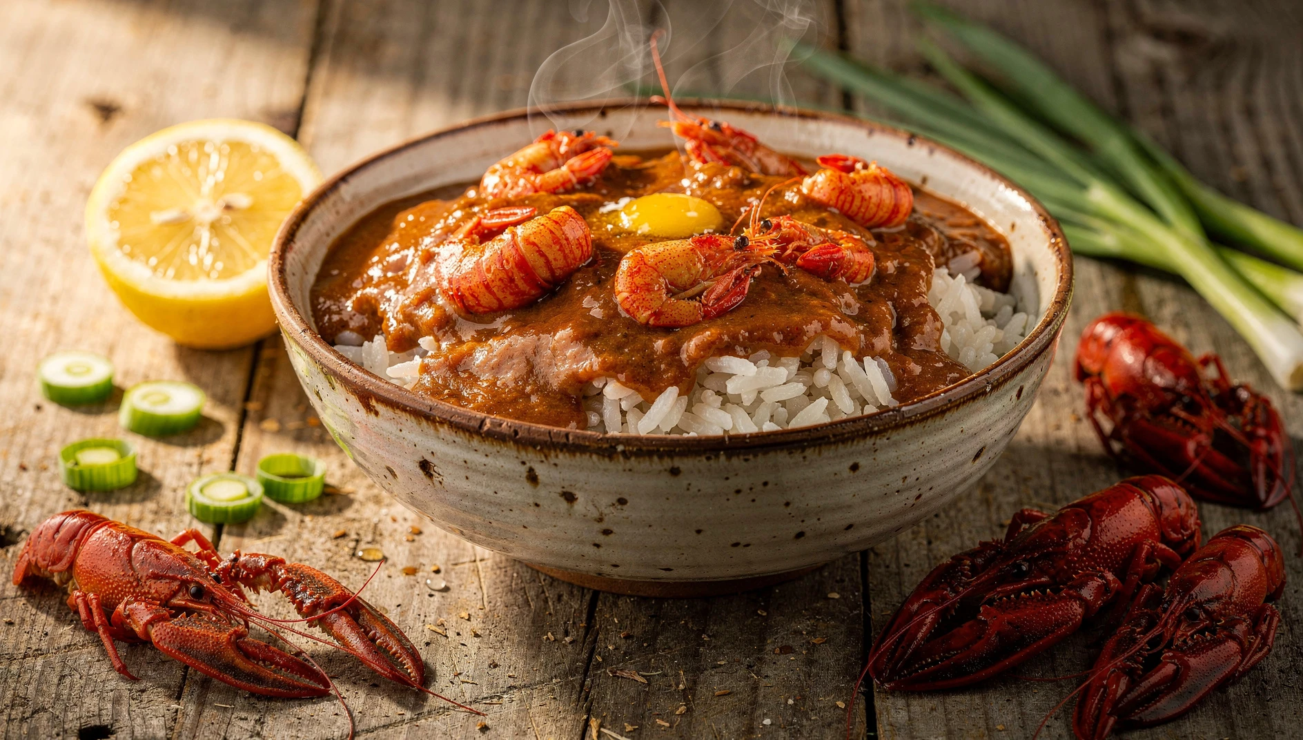 Bol de crawfish étouffée de Luisiana servido sobre arroz blanco con cebollino fresco