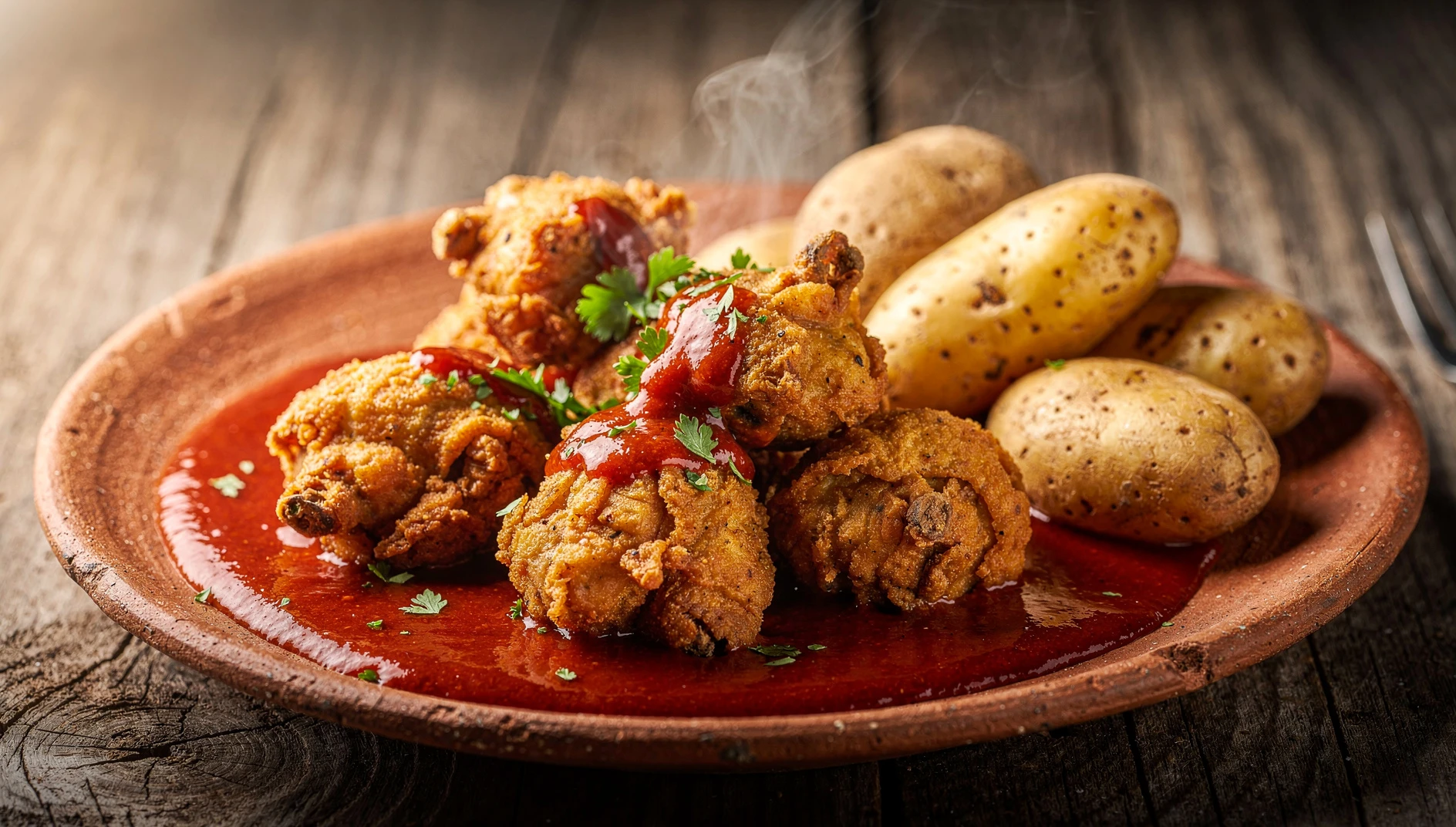 Plato de cuy colorado huancavelicano con salsa roja de ají panca y papas nativas cocidas