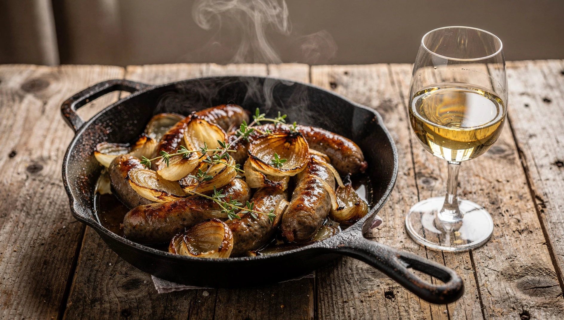 Diots de Savoie estofados en vino blanco con cebolla caramelizada y tomillo fresco en cazuela rústica