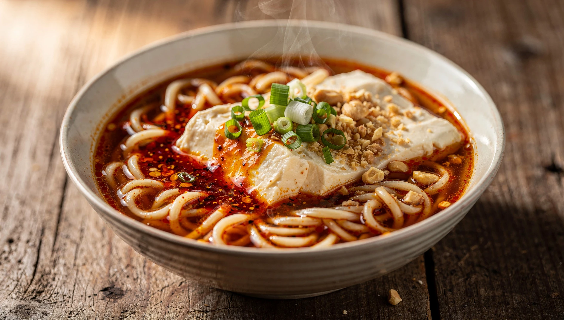 Bol de douhua mian con tofu sedoso, aceite de chile y cacahuetes sobre mesa de madera