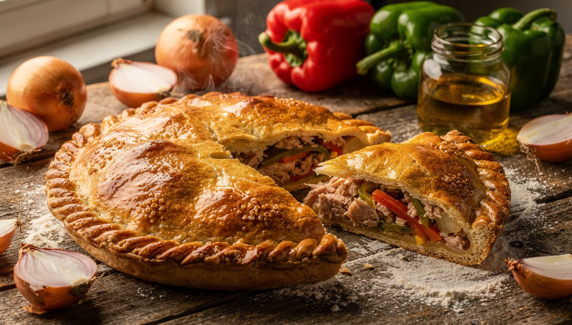 Empanada gallega recién horneada cortada en porciones con relleno de bonito y verduras visible