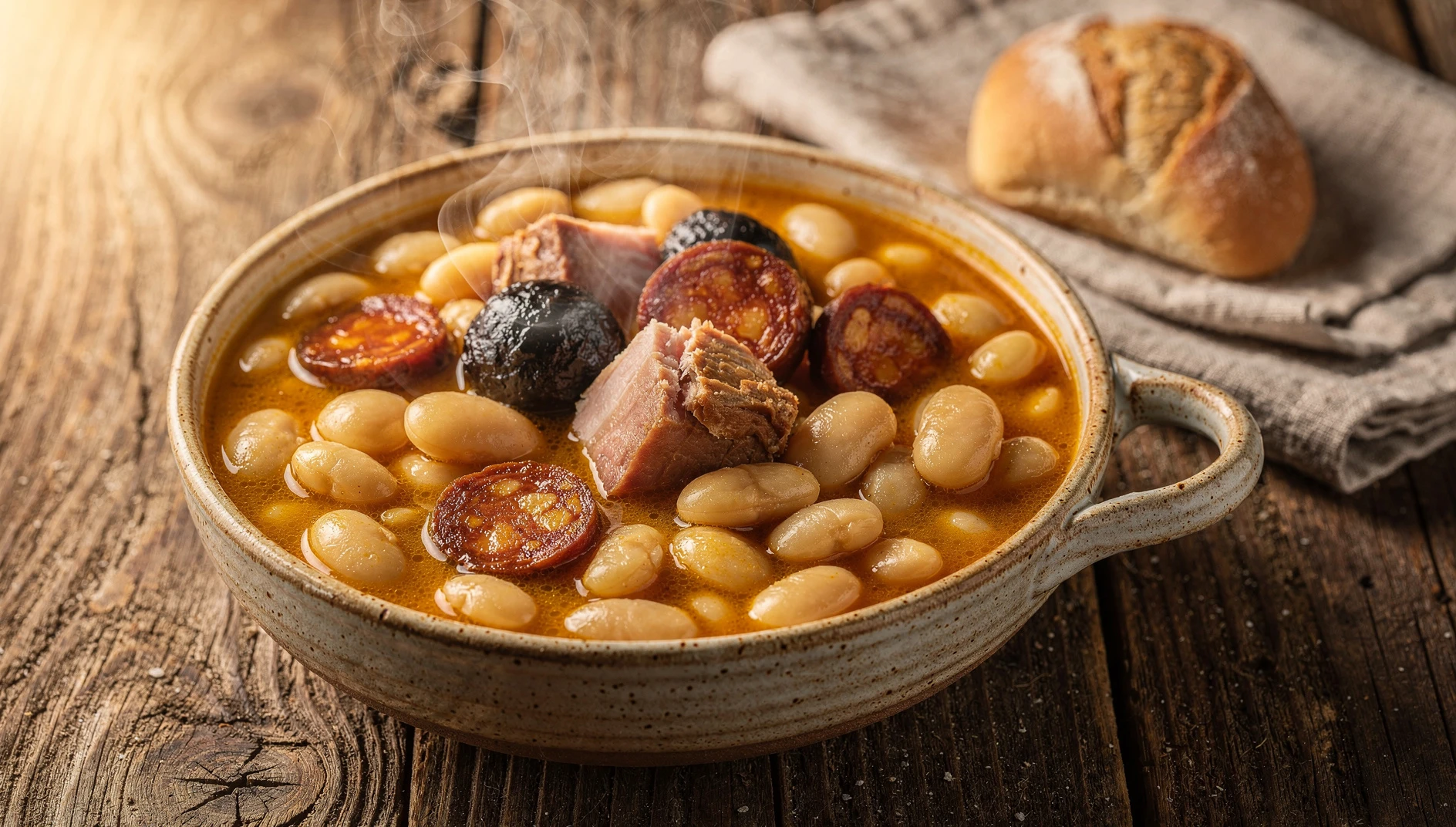 Bol de fabada asturiana con fabes, chorizo, morcilla y lacón servida en cazuela de barro