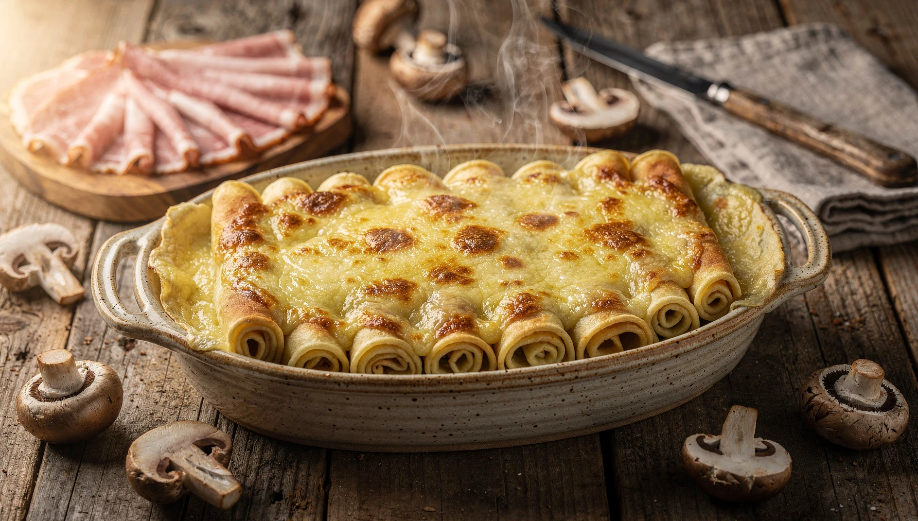 Ficelle picarde gratinada recién salida del horno con bechamel dorada y queso fundido en una fuente de cerámica