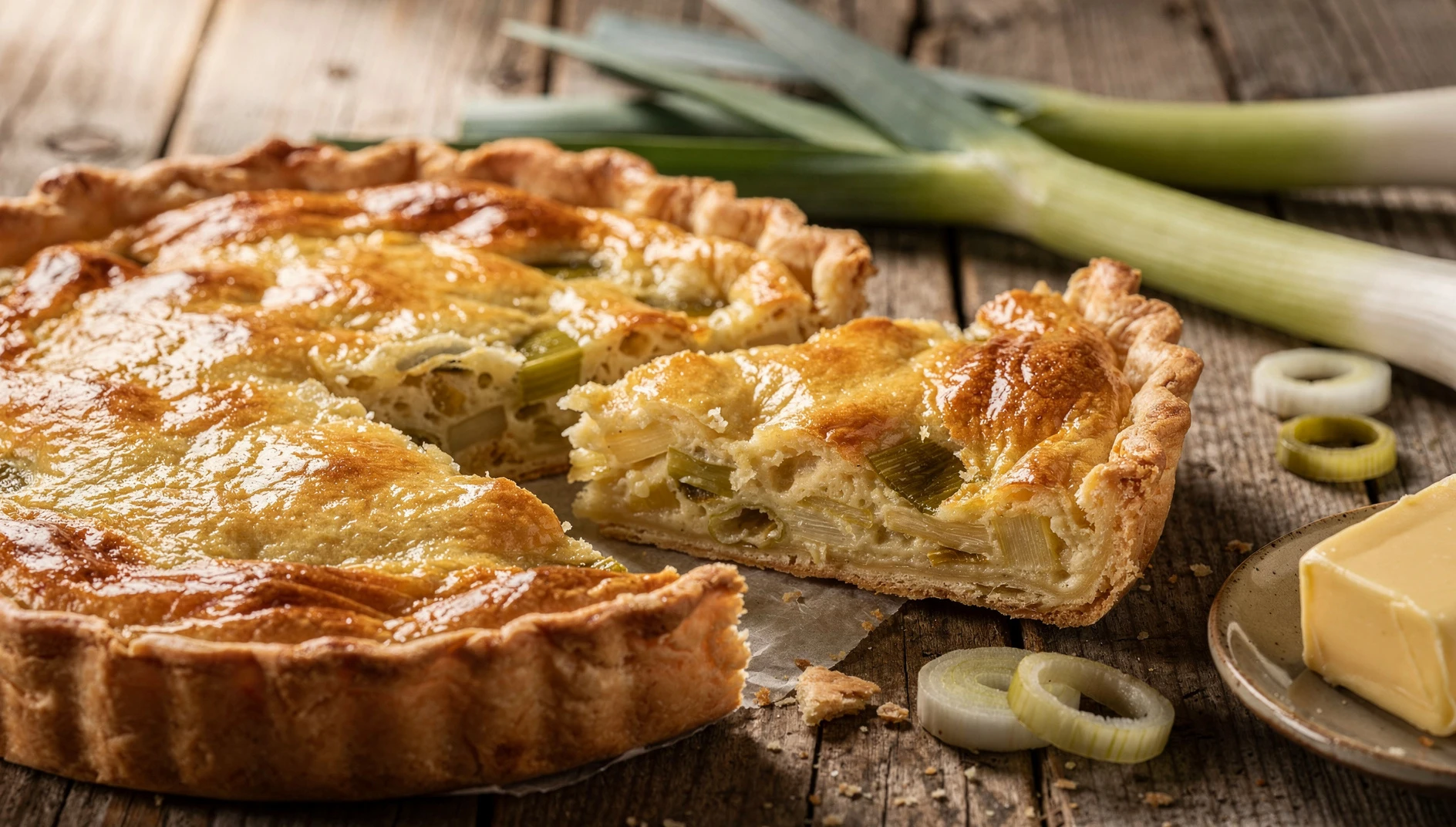 Flamiche aux poireaux recién horneada con relleno cremoso de puerros y masa dorada crujiente sobre mesa de madera rústica