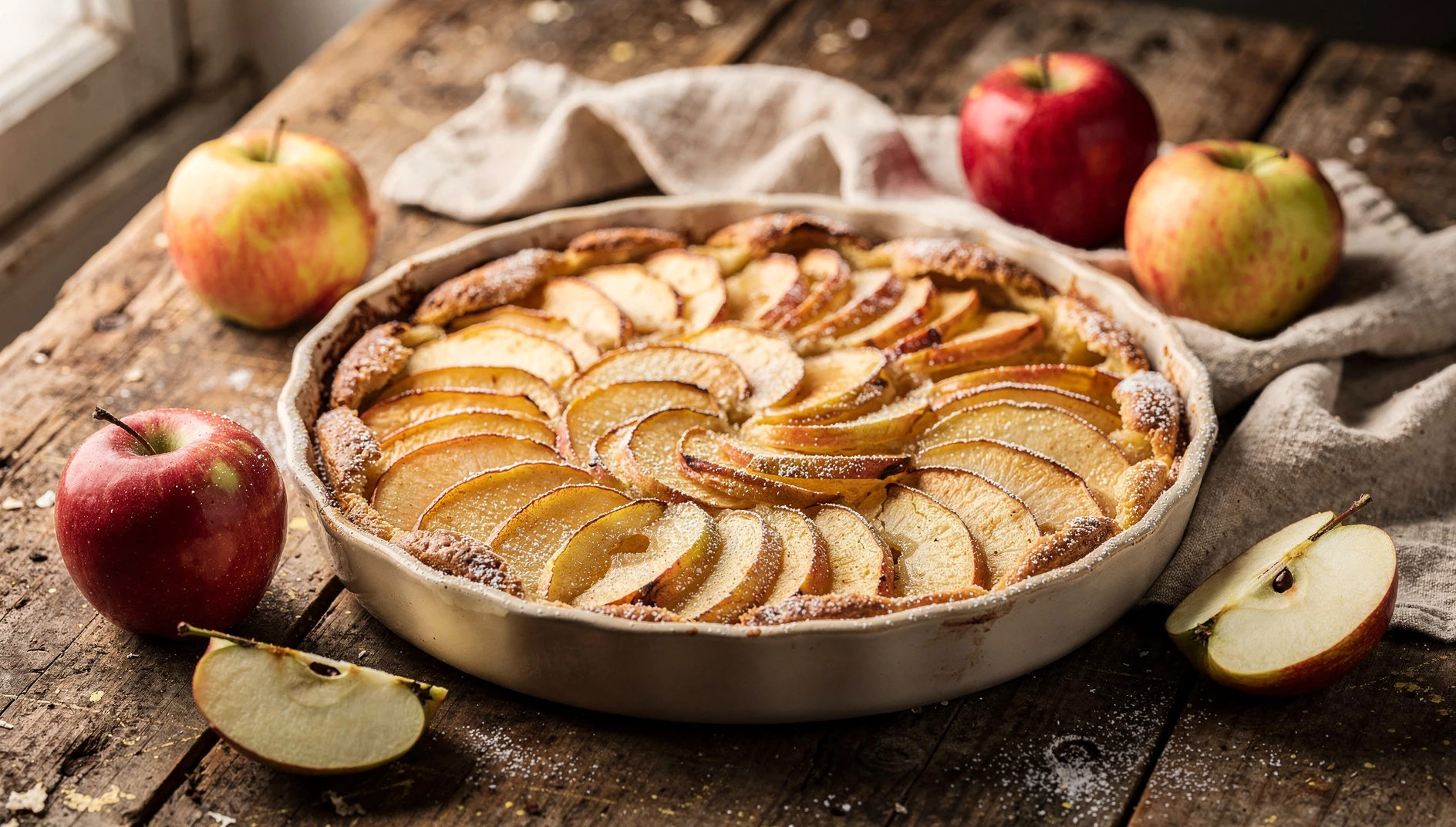 Flognarde de manzana recién horneada en un molde de cerámica con azúcar glas y gajos de manzana dorados