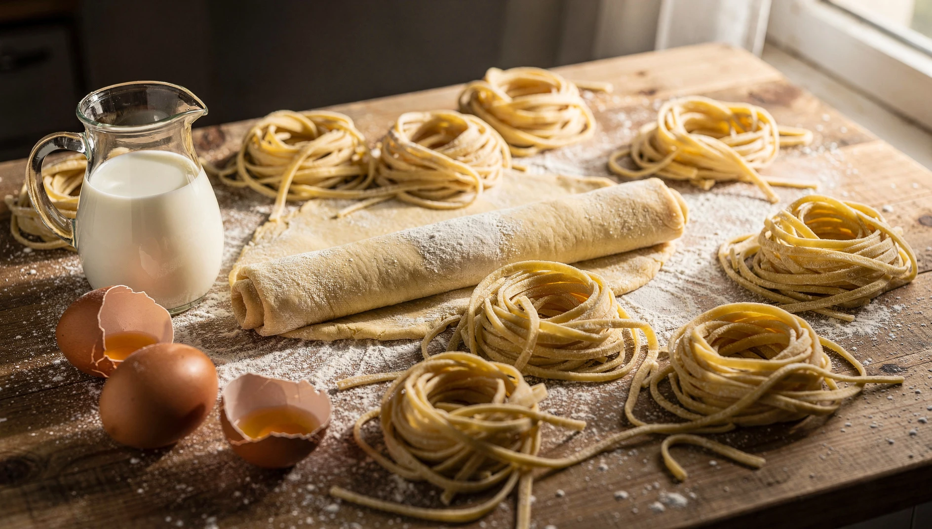 Flomaria recién cortada sobre una superficie de madera enharinada junto a huevos y un jarro de leche