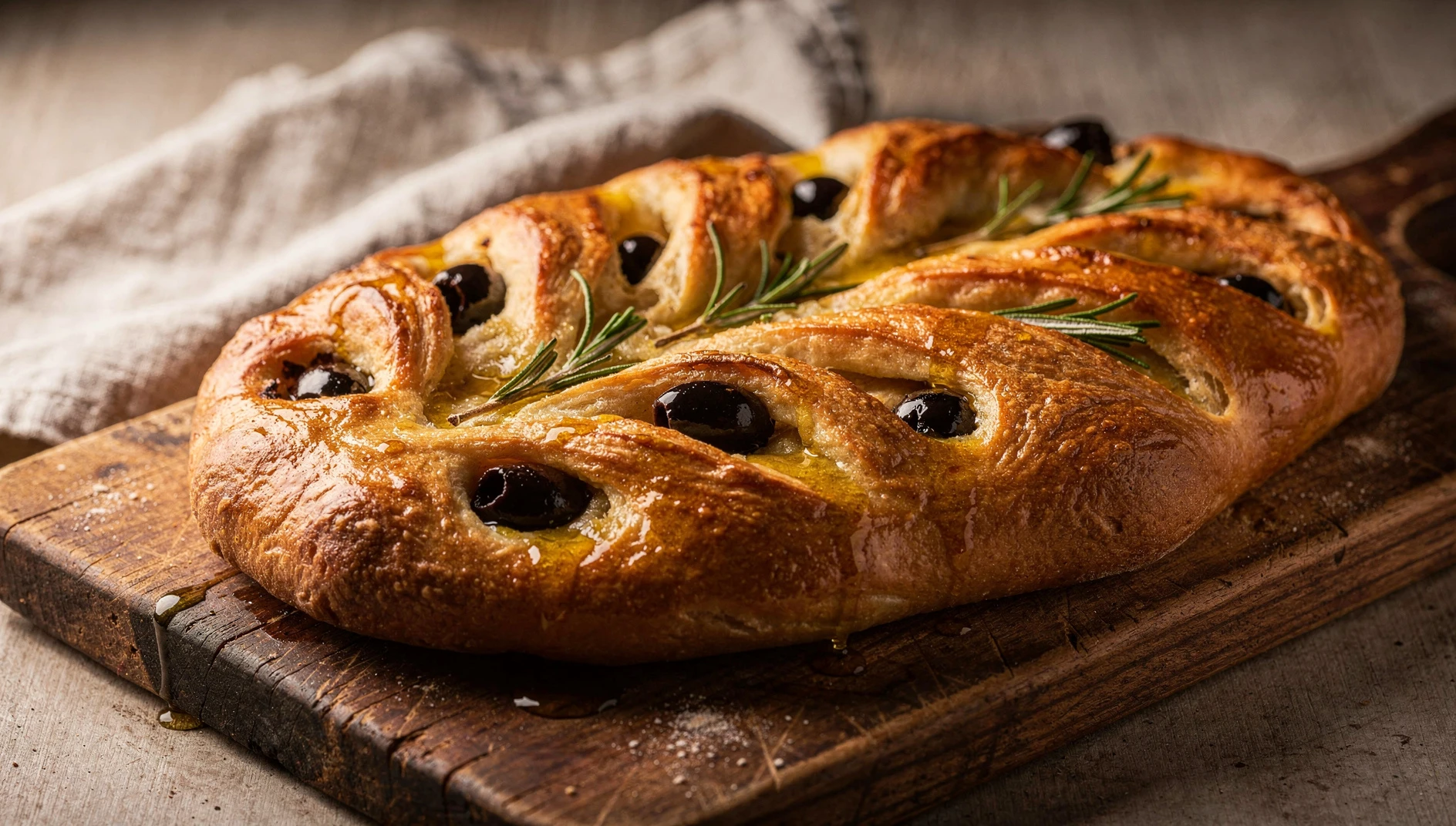 Fougasse provenzal recién horneada con aceitunas negras y romero fresco sobre tabla de madera