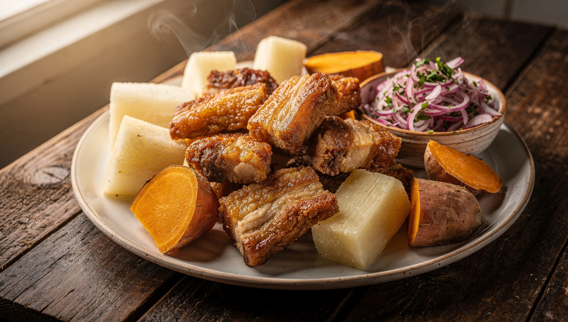 Plato de frito trujillano con trozos de cerdo crujiente, yuca cocida y salsa criolla sobre mesa de madera rústica