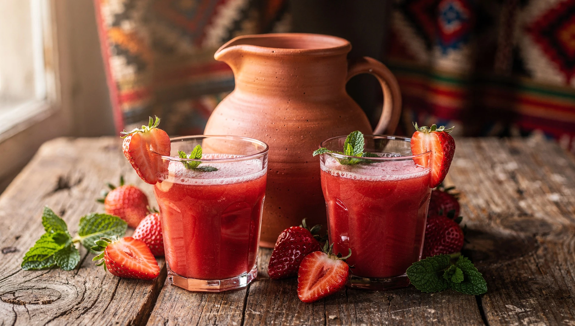 Jarra y vasos de frutillada cusqueña con fresas frescas y hojas de menta sobre mesa de madera rústica