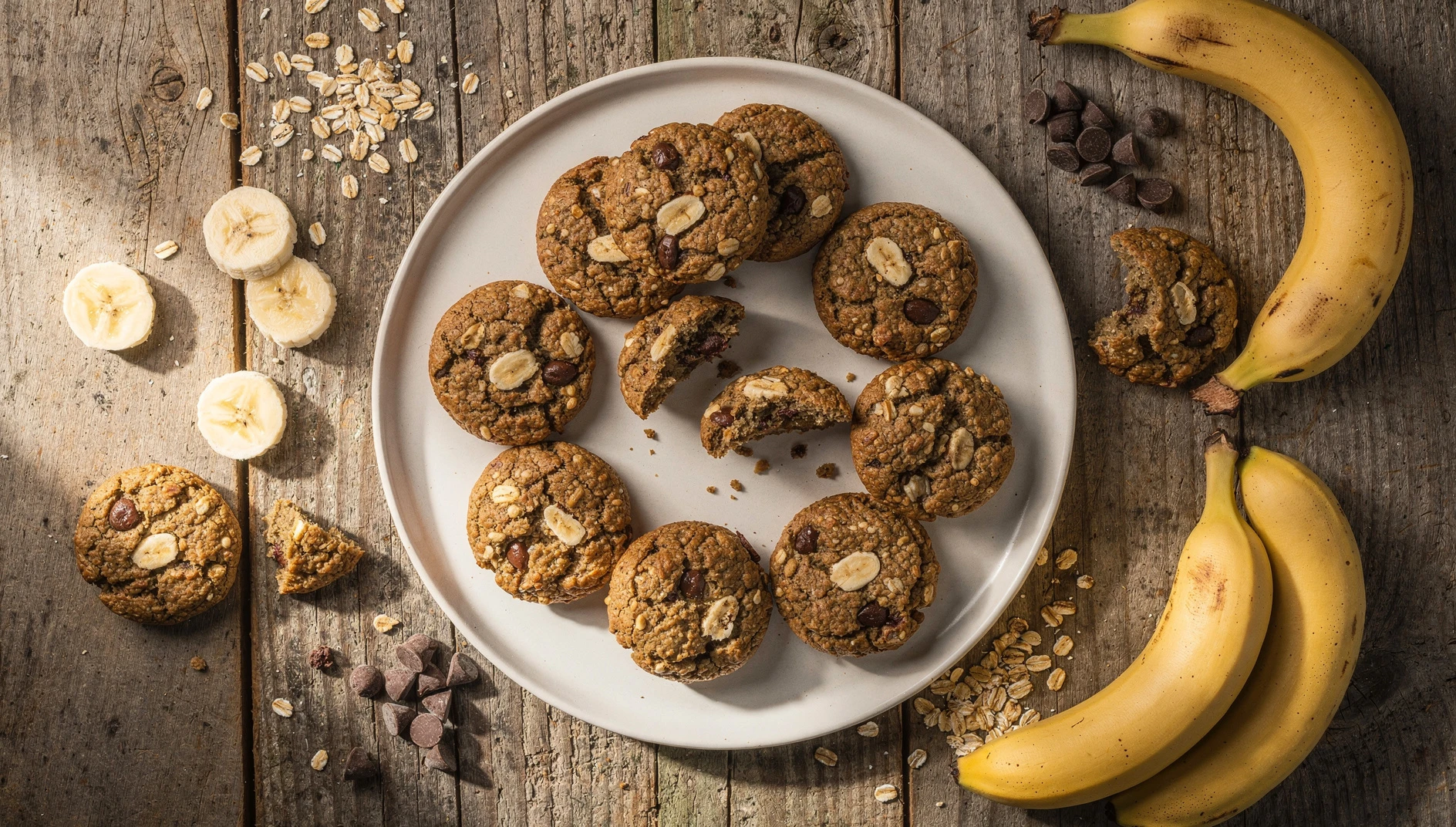 Galletas veganas de avena y plátano caseras sobre un plato blanco con copos de avena y trozos de chocolate alrededor