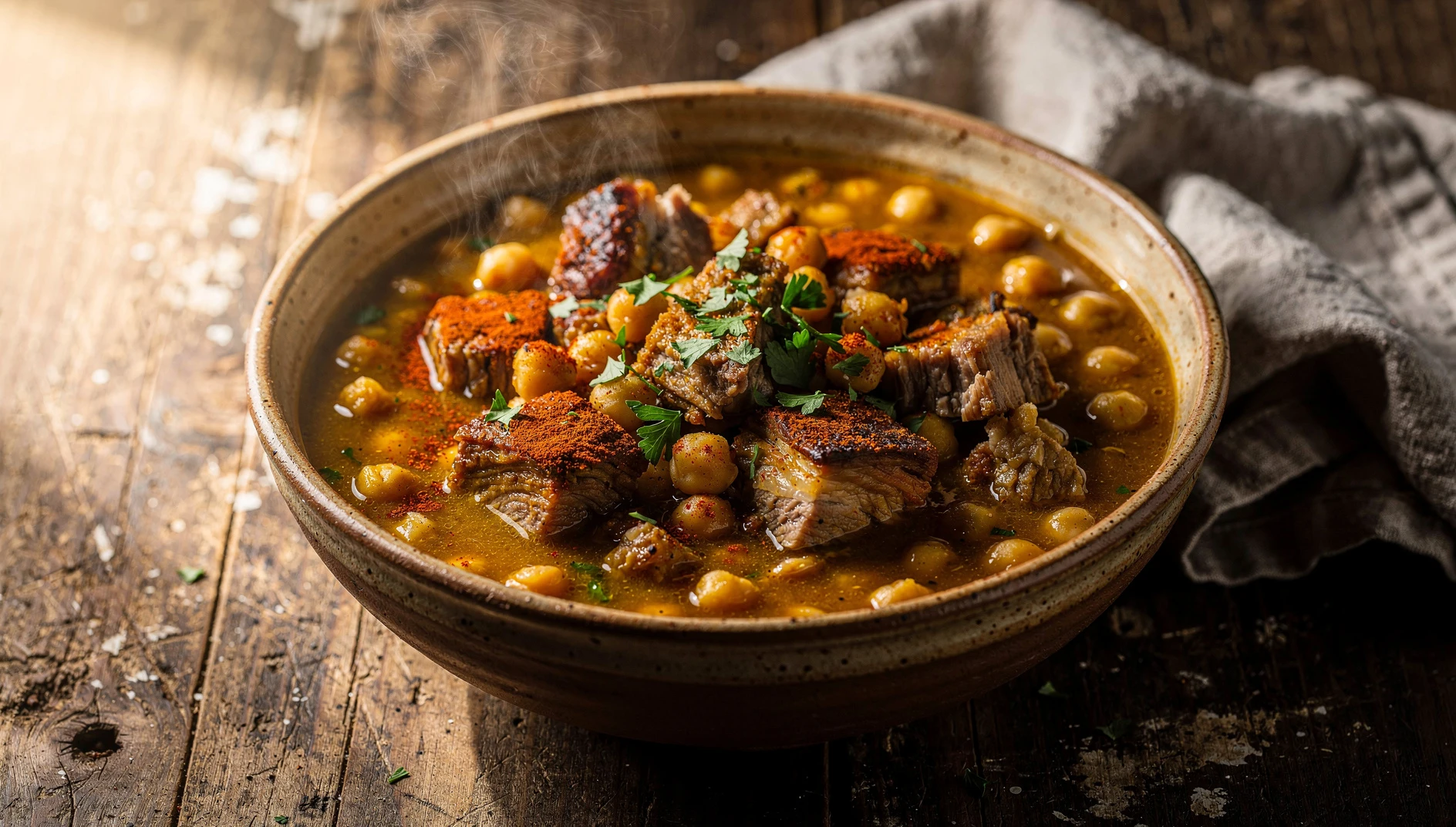 Cazuela de garbanzas canarias tradicionales con carne de cerdo y sofrito de pimentón y comino