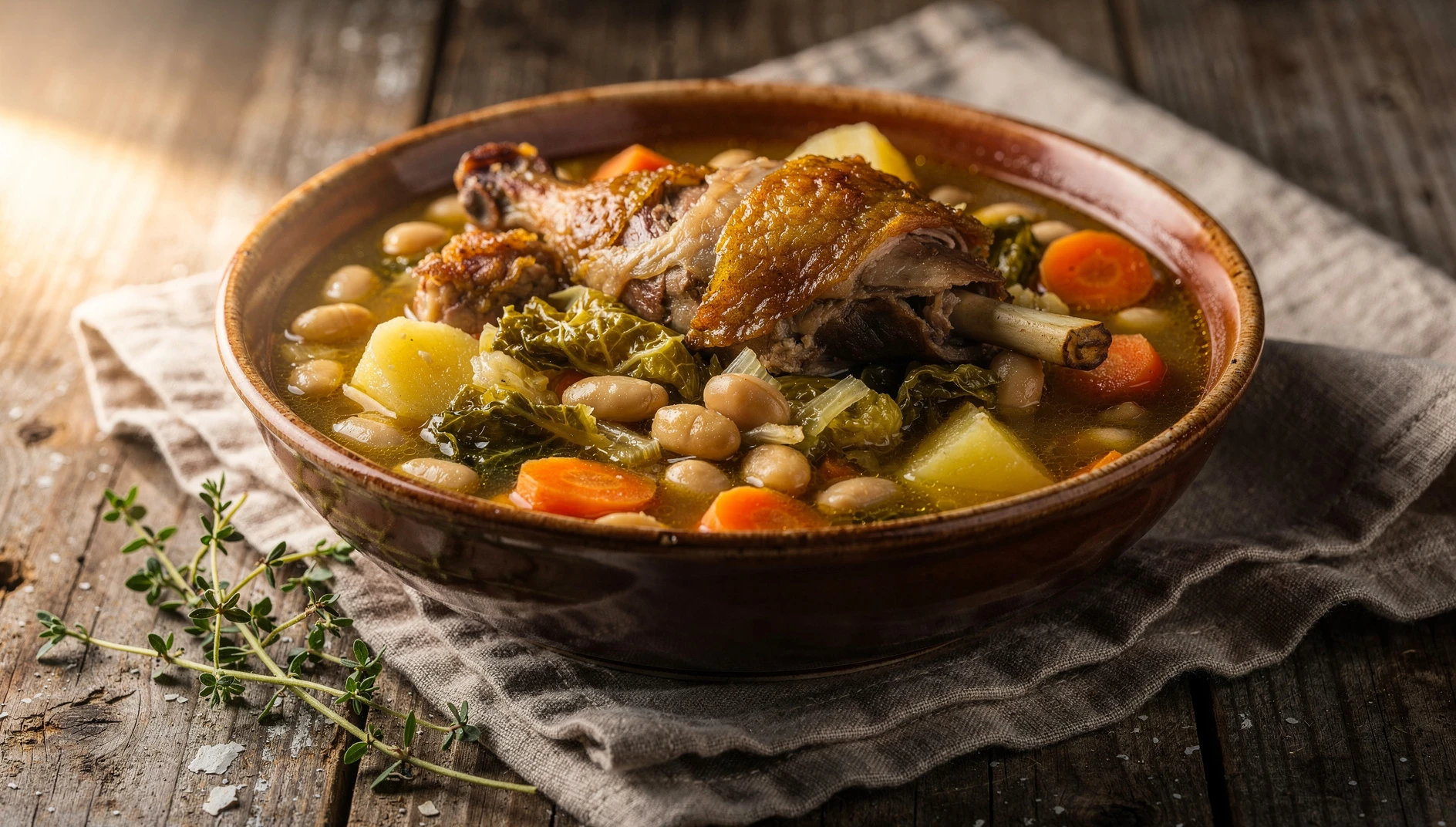 Bol de barro con garbure del suroeste francés con pato confitado, col y alubias blancas