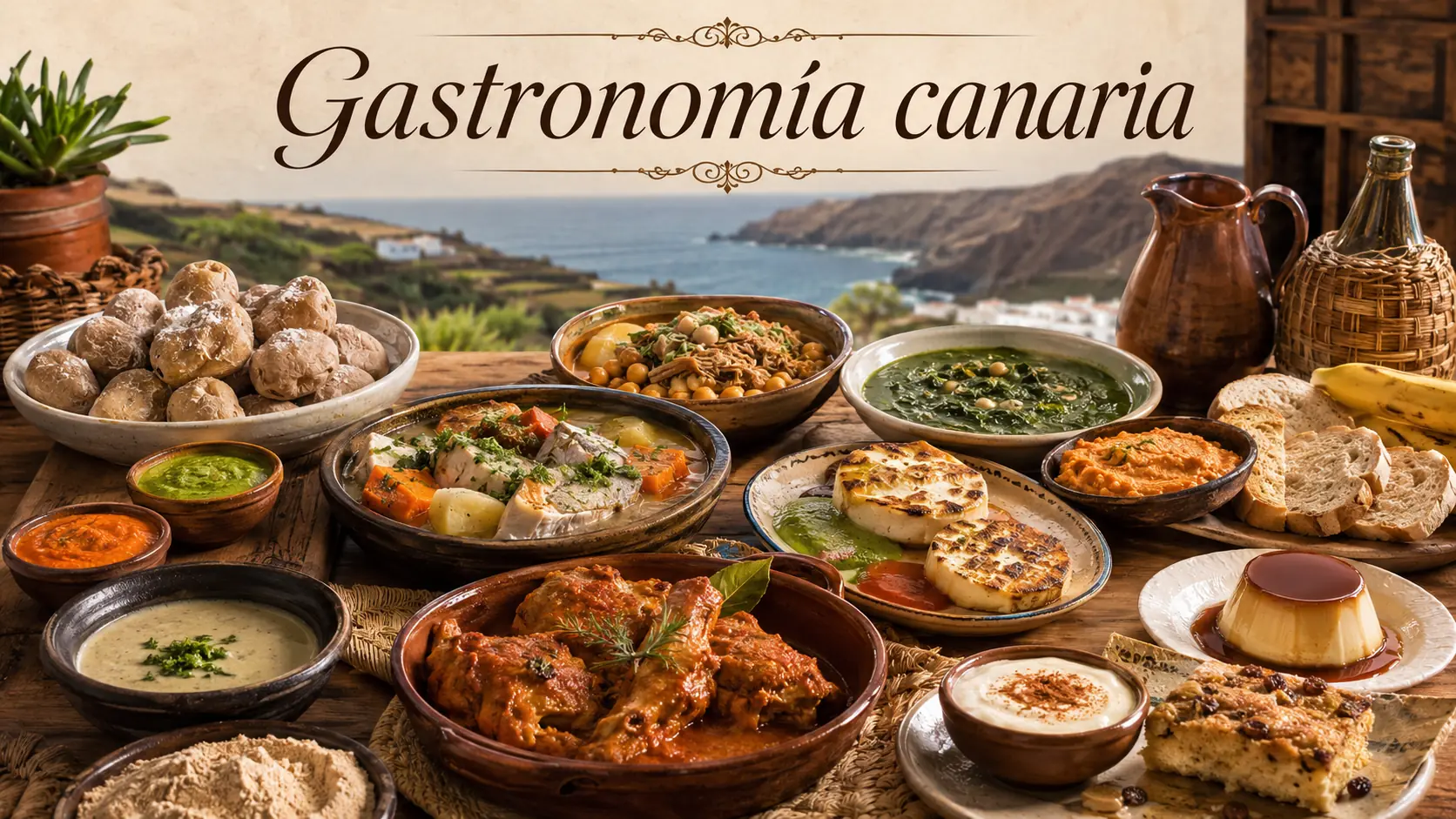 Gastronomía canaria con papas arrugadas, mojos, sancocho, queso asado y postres tradicionales