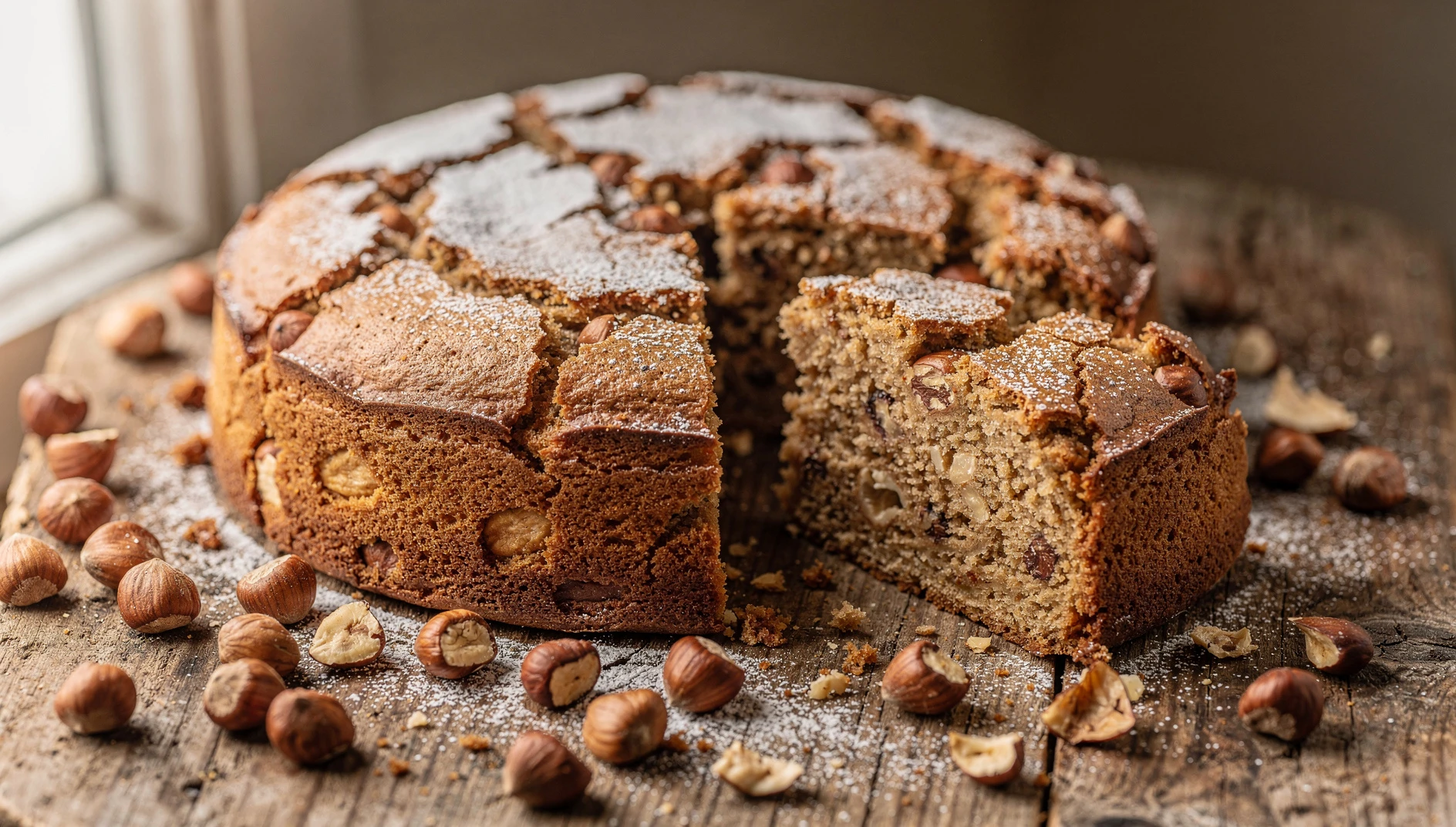 Gâteau creusois de avellanas cortado en porciones sobre una mesa de madera rústica con avellanas alrededor