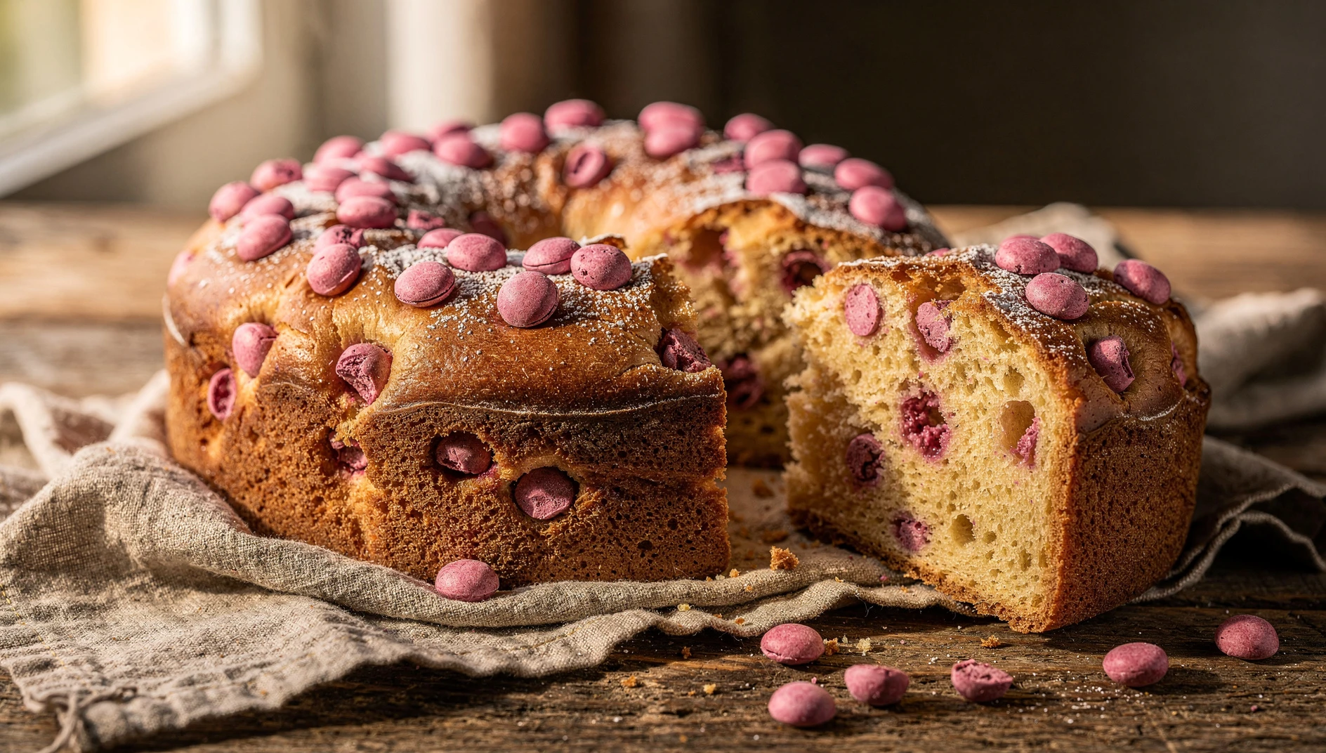 Gâteau de Saint-Genix recién horneado con pralines rosas sobre mesa de madera rústica