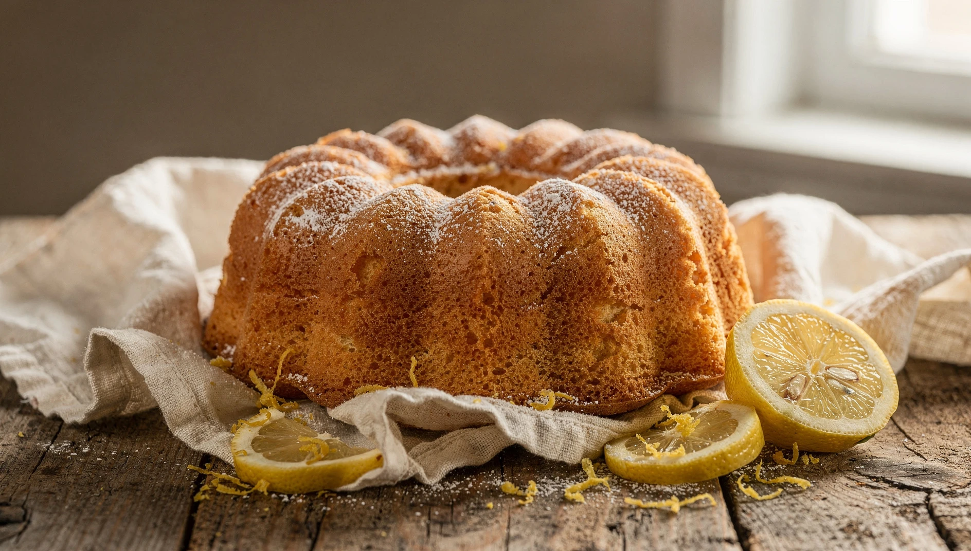 Gâteau de Savoie esponjoso espolvoreado con azúcar glas sobre una mesa de madera rústica con rodajas de limón