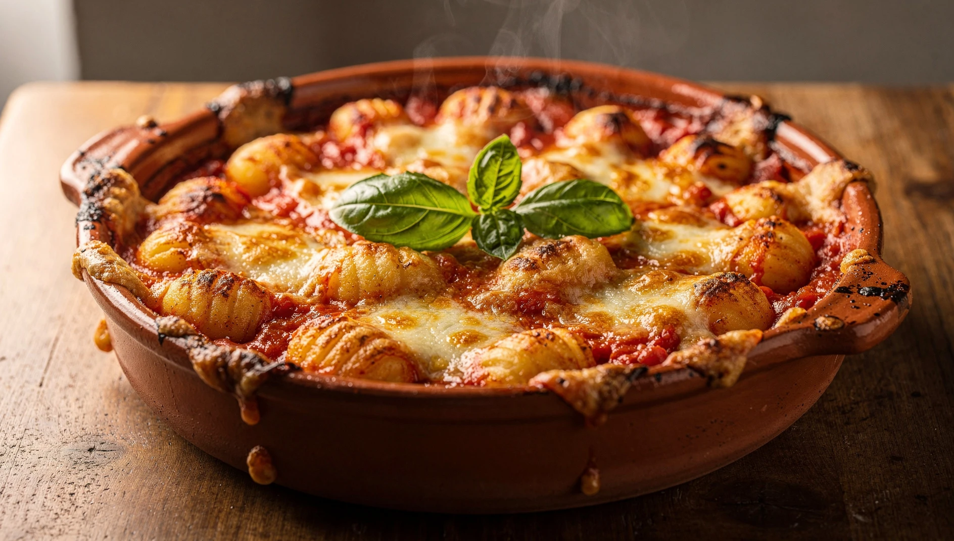 Fuente de gnocchi alla sorrentina recién sacados del horno con mozzarella gratinada y hojas de albahaca fresca