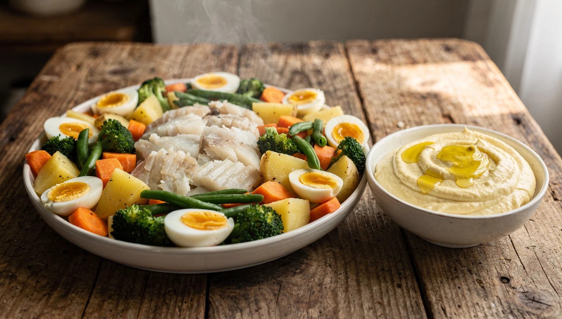 Fuente de grand aïoli provenzal con bacalao desalado, verduras cocidas y huevos duros junto a un cuenco de salsa aïoli casera