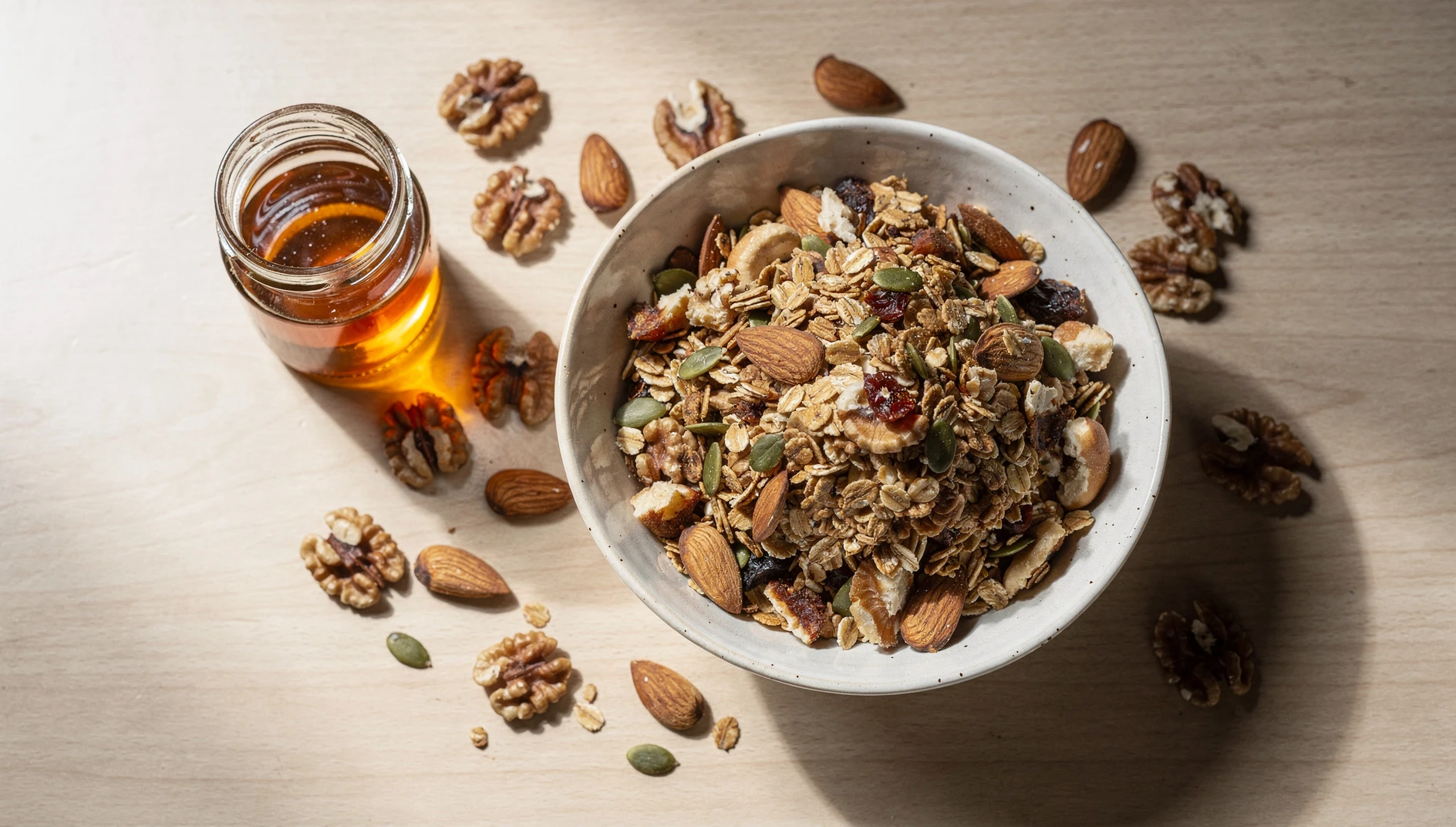 Bol de granola vegana casera con frutos secos variados sobre una mesa de madera clara