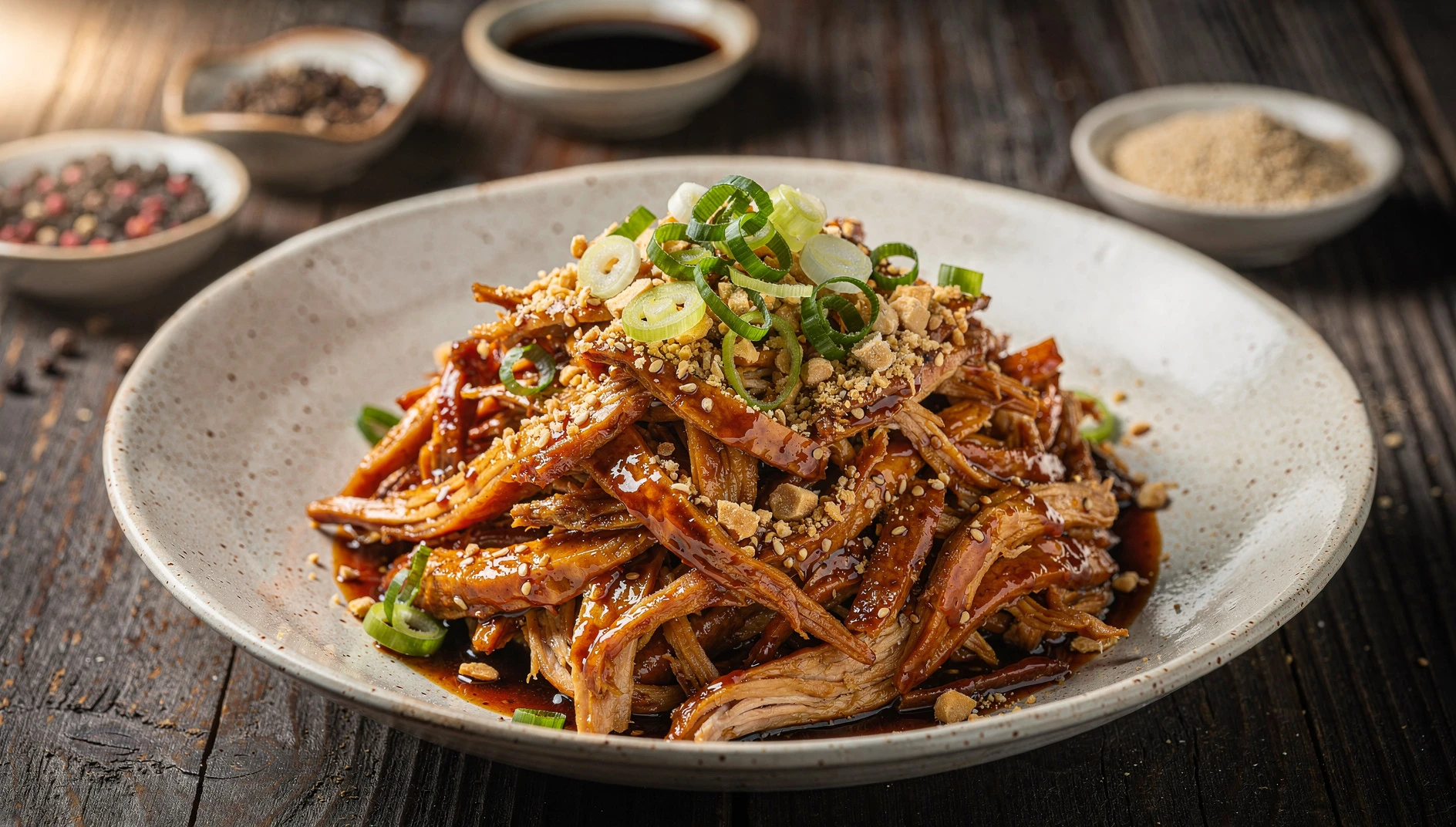 Guaiwei ji, pollo frío de Sichuan desmenuzado con salsa de sésamo, guindilla y vinagre negro en un cuenco de cerámica