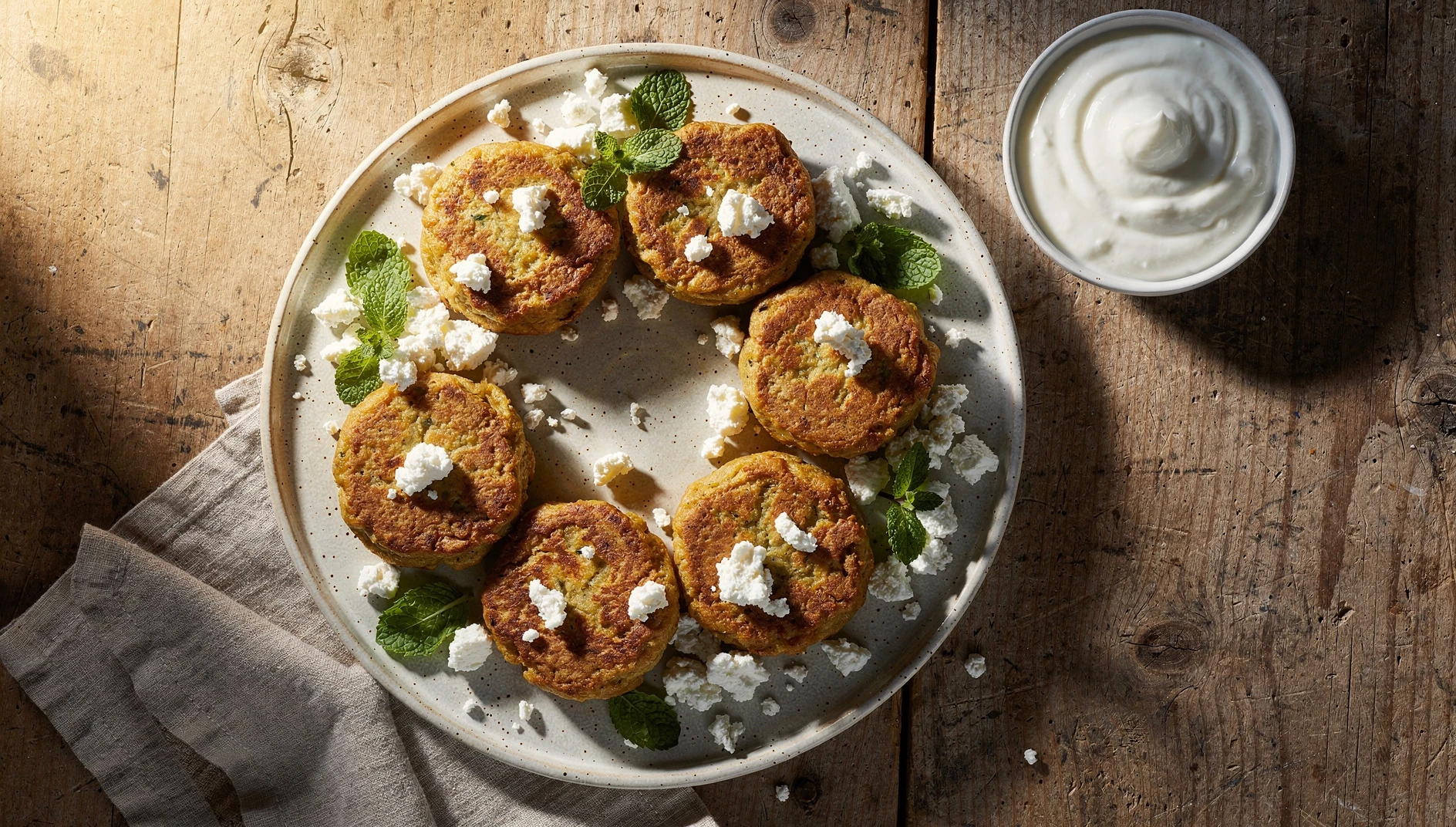 Hachles de Lesbos horneados con queso feta y menta fresca sobre plato de cerámica rústica