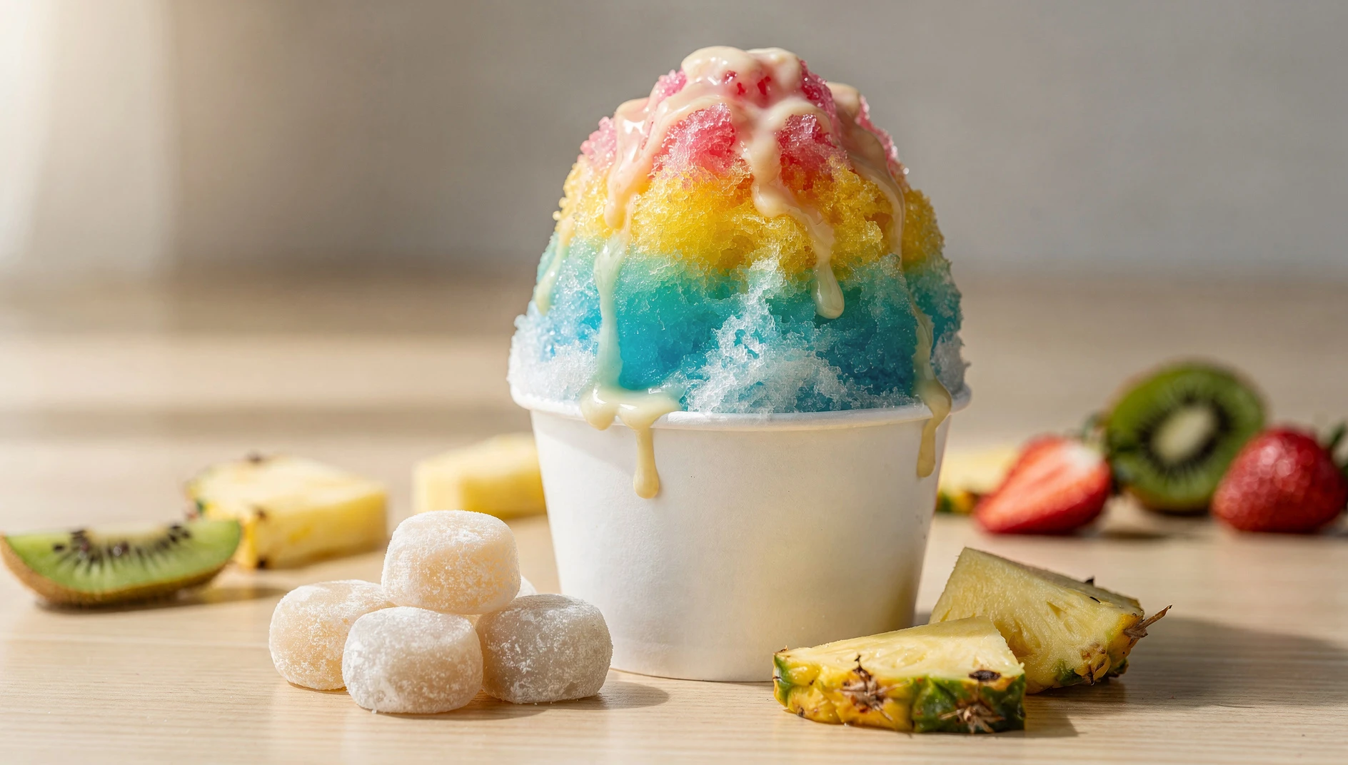 Hawaiian shave ice en cono con jarabes de colores tropicales y leche condensada sobre mesa de madera clara