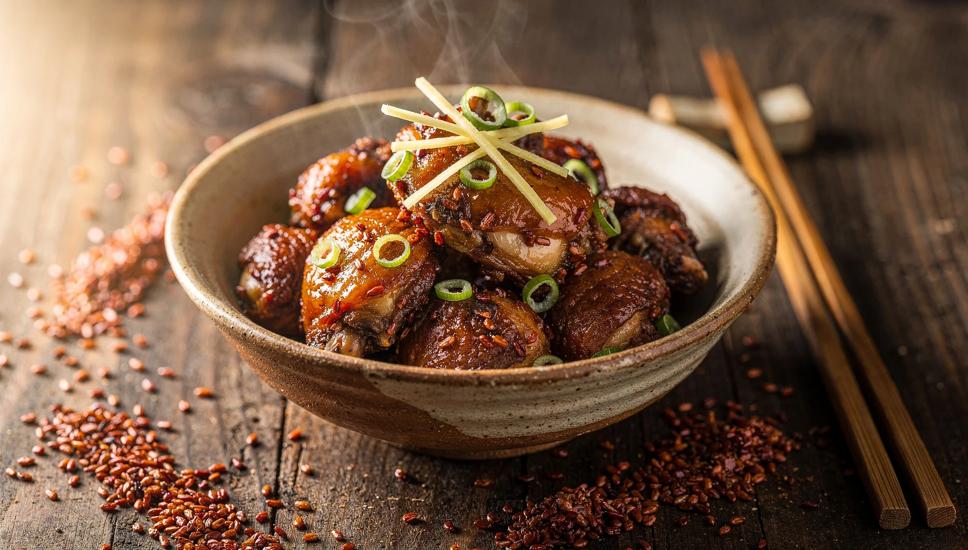 Pollo hong zao ji de Fujian con lías rojas de arroz servido en cuenco de barro sobre mesa de madera oscura