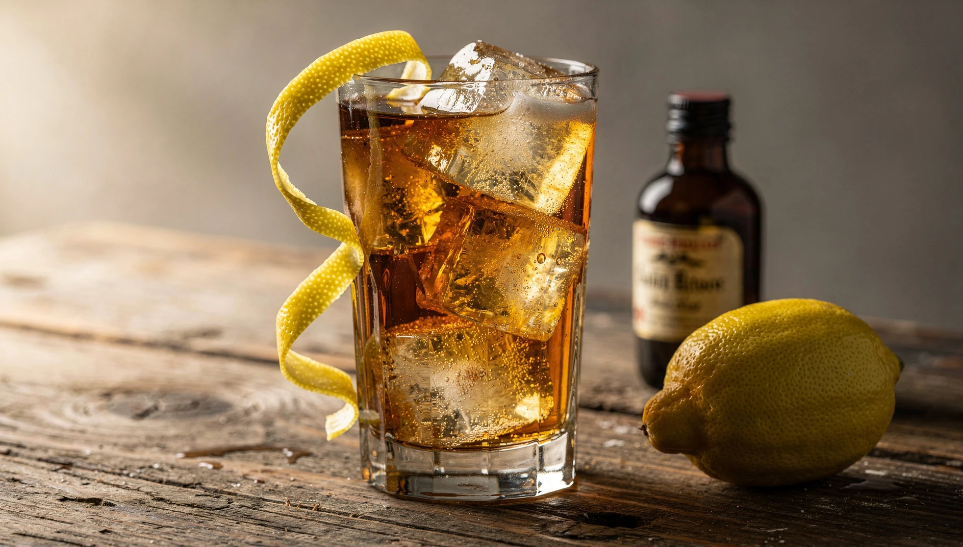 Copa highball con Horse's Neck, espiral de limón, hielo y ginger ale sobre barra de madera