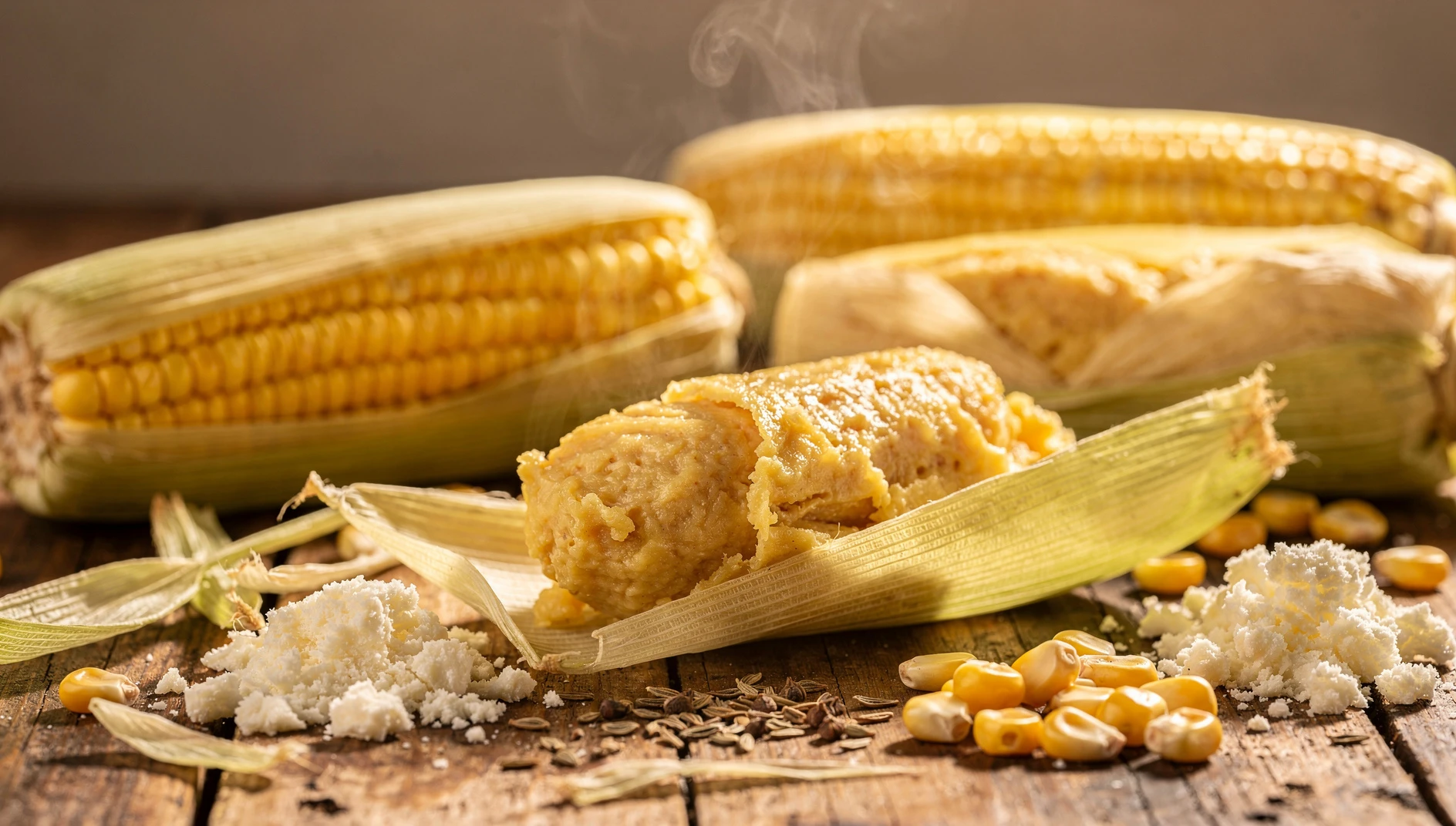 Humitas cajamarquinas recién cocidas al vapor sobre mesa rústica, con choclo fresco y queso serrano a los lados