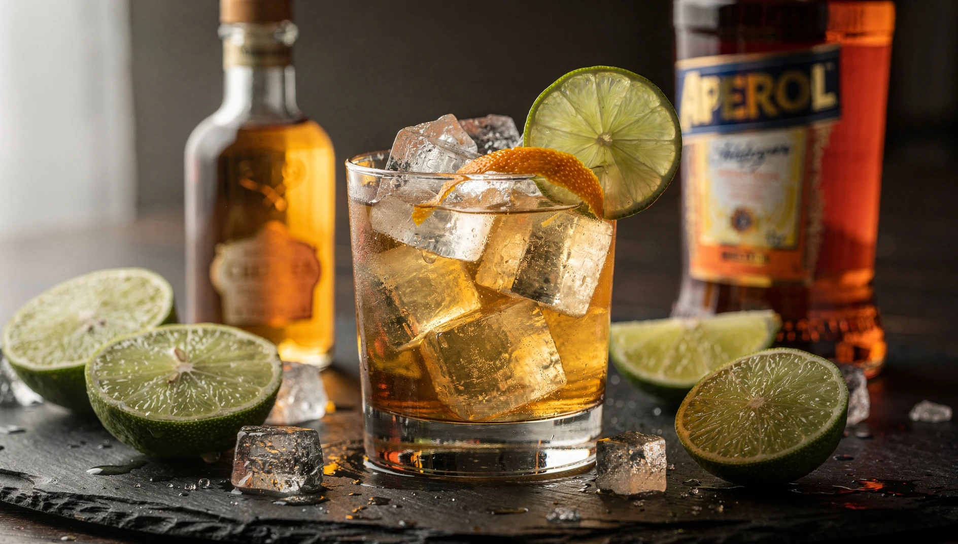 Cóctel Illegal con mezcal servido en vaso Old Fashioned con hielo y rodaja de lima