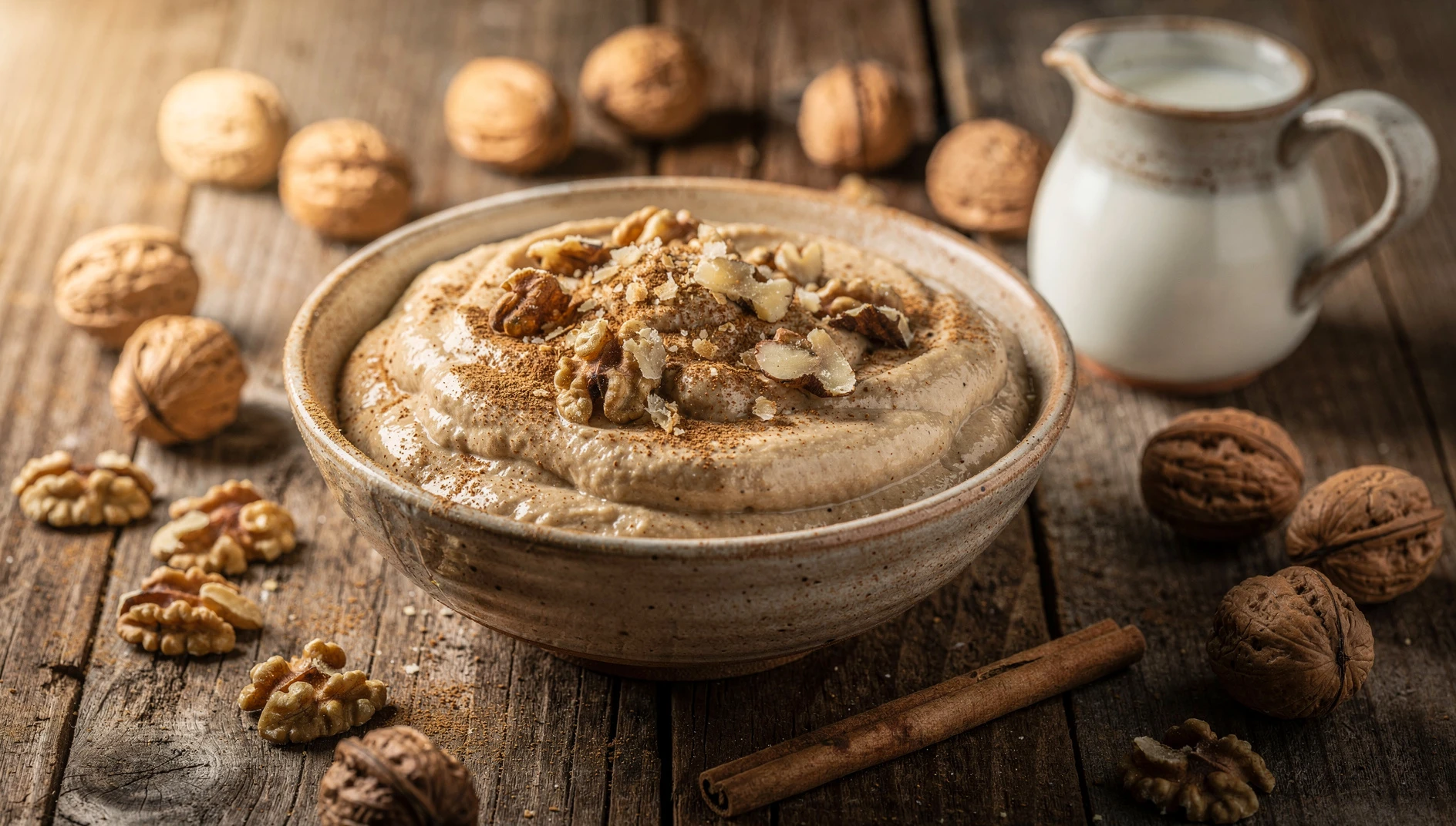 Cuenco de intxaursalsa vasca con nueces picadas y canela en polvo sobre mesa de madera rústica