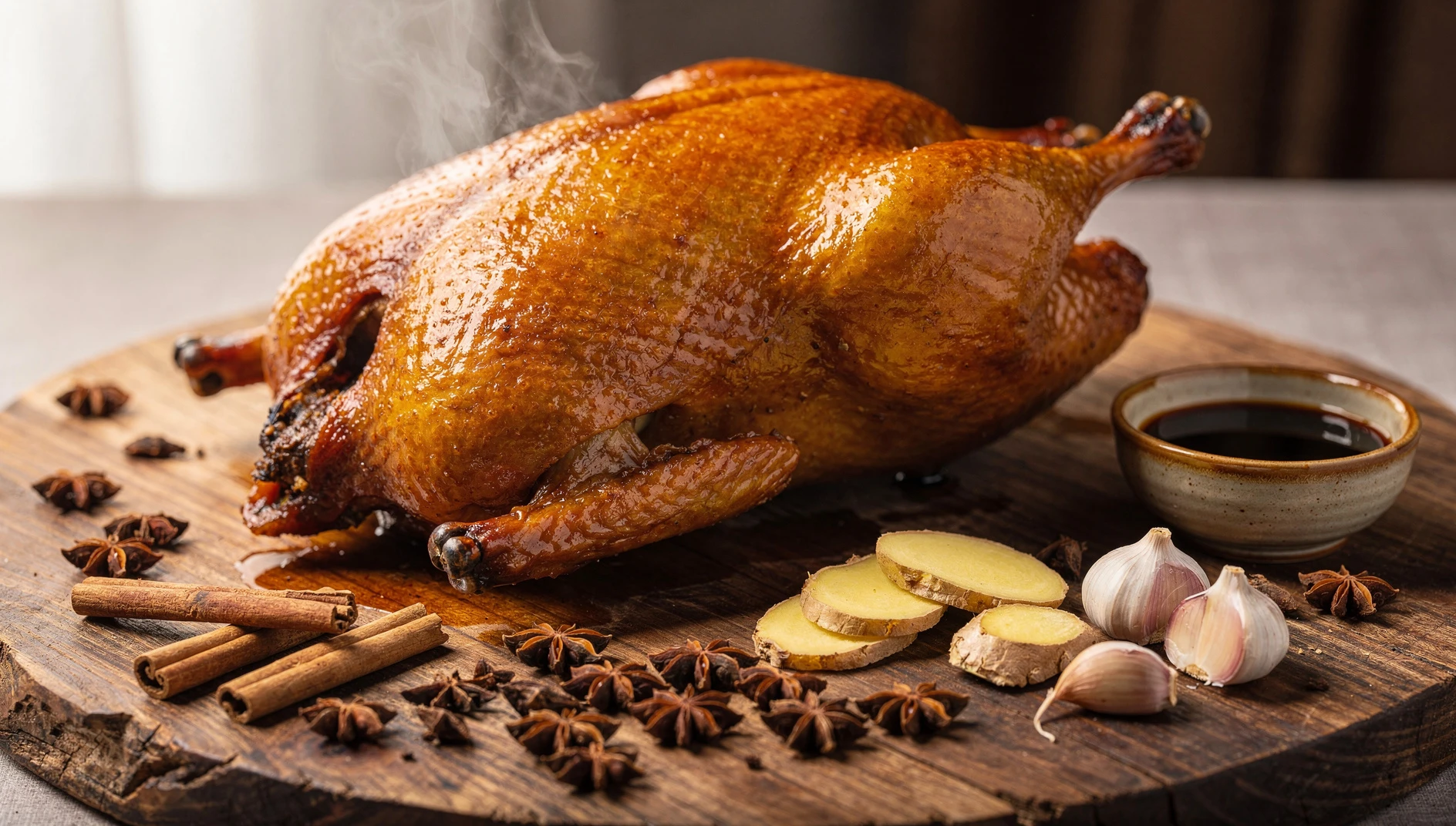 Pato Jiaji entero recién asado con piel dorada y crujiente, acompañado de especias chinas sobre tabla de madera