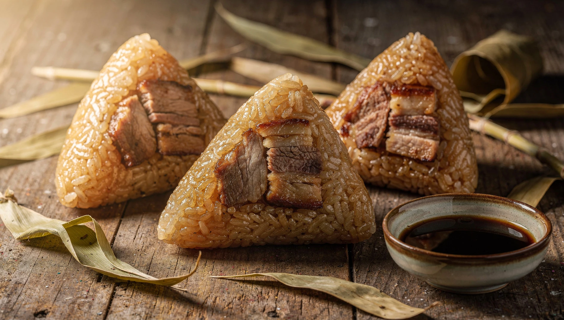 Zongzi de Jiaxing abiertos mostrando el relleno de arroz glutinoso y cerdo sobre una superficie de madera con hojas de bambú