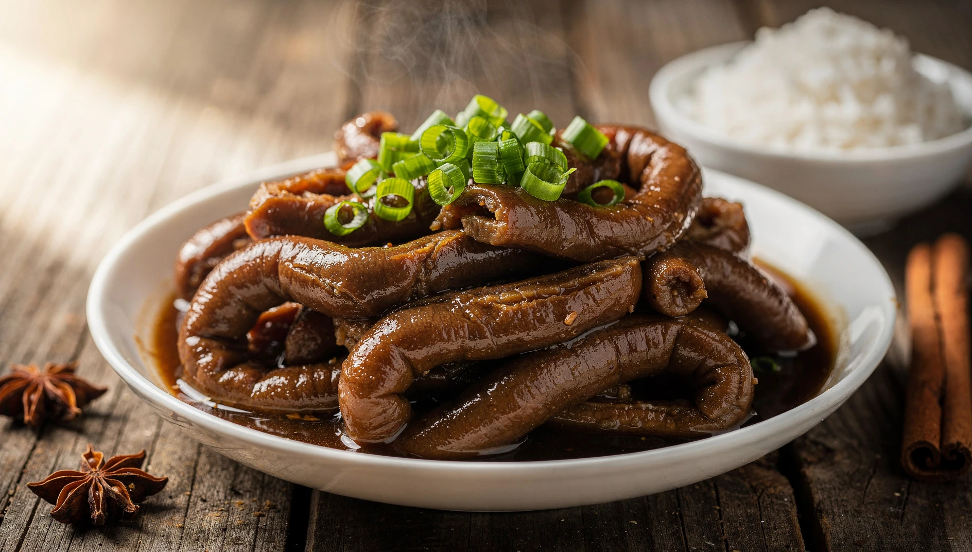 Intestinos braseados Jiu zhuan da chang en salsa oscura brillante con cebollino picado en cuenco de cerámica blanca