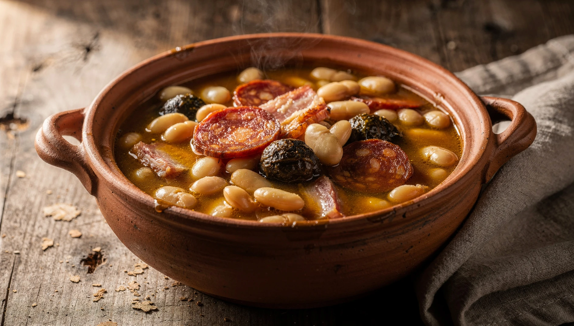 Cazuela de judiones de La Granja con chorizo, panceta y morcilla sobre mesa de madera rústica