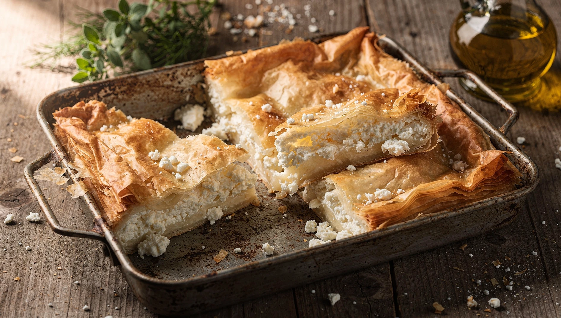 Kassiopita recién horneada con masa filo dorada y relleno de queso feta y mizithra, cortada en porciones sobre una bandeja rústica