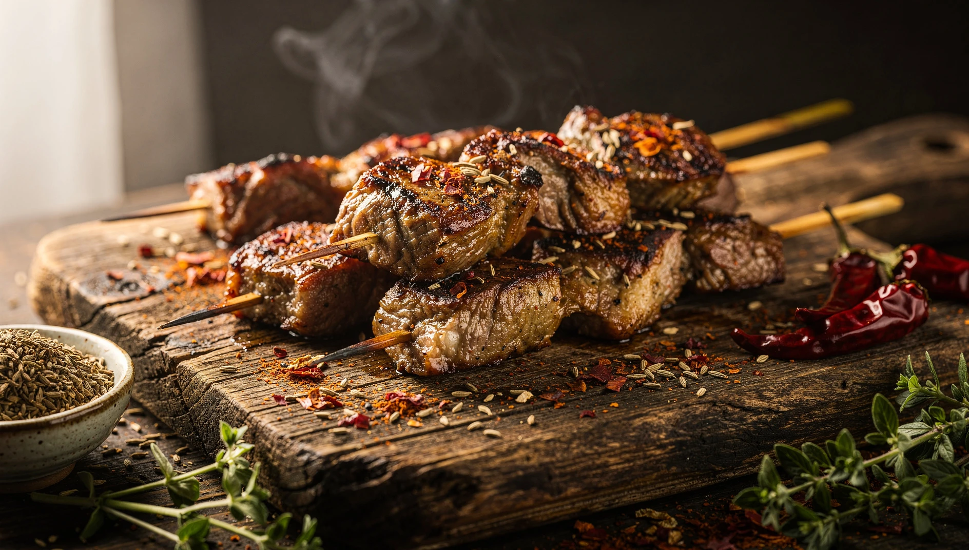 Brochetas de cordero kawap estilo uigur con comino y chile sobre tabla de madera rústica