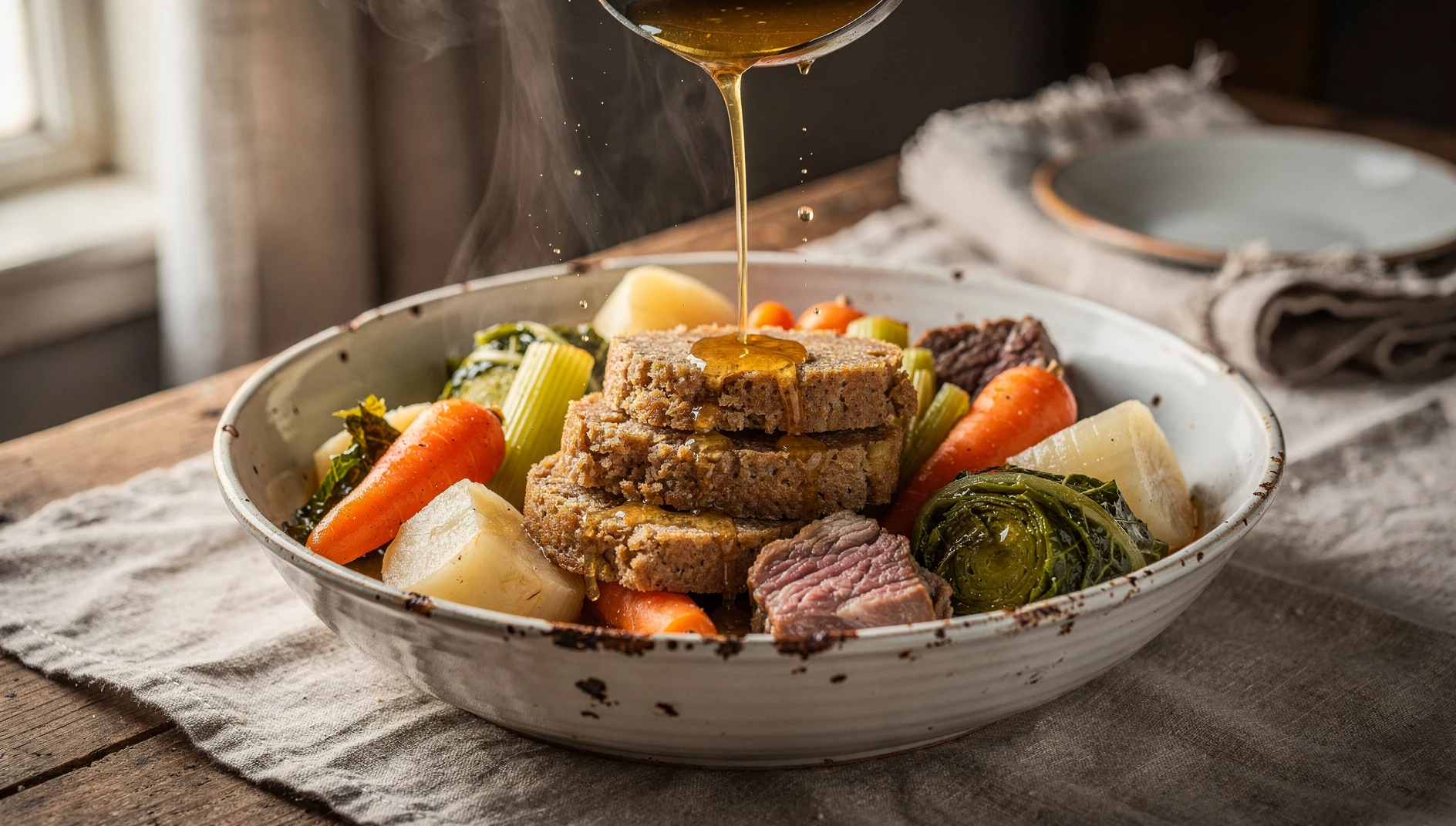 Plato hondo con kig ha farz bretón, rodajas de farz de trigo sarraceno, carnes cocidas y verduras con caldo