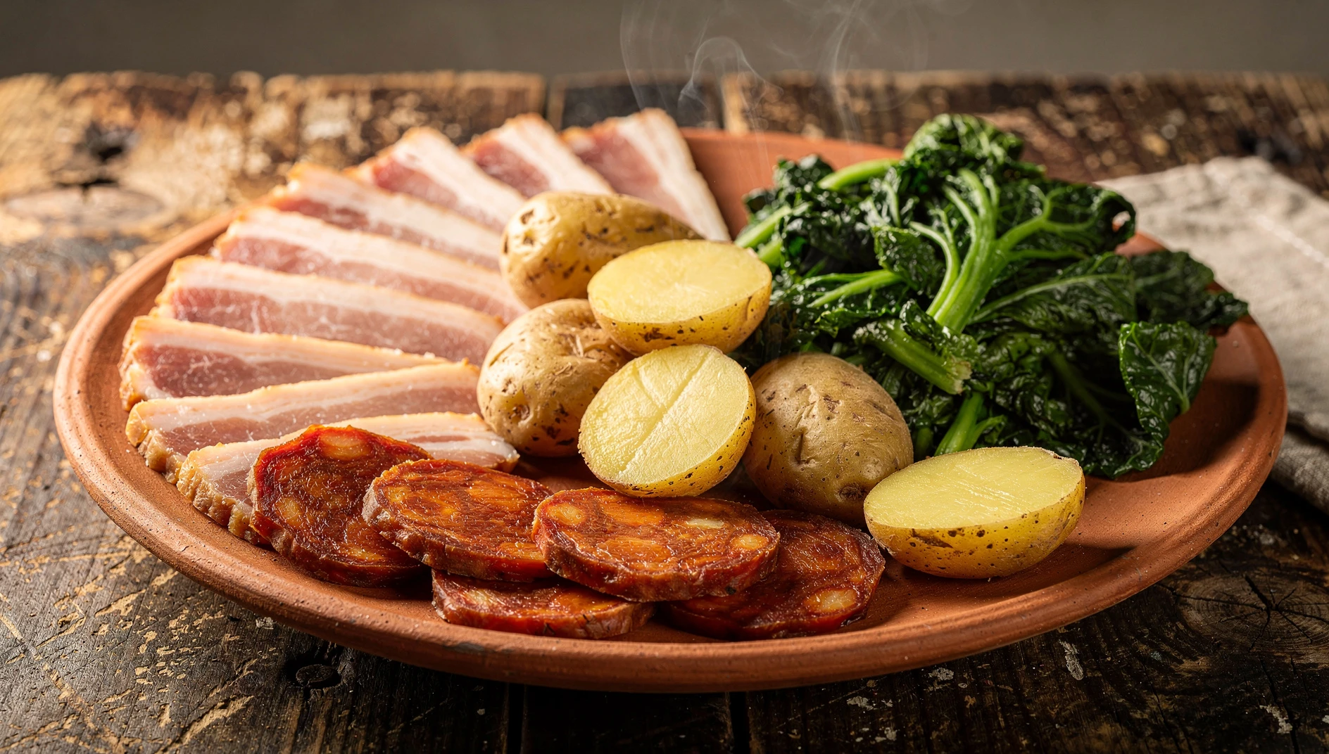 Plato tradicional gallego de lacón con grelos, patatas y chorizo servido en una fuente de barro