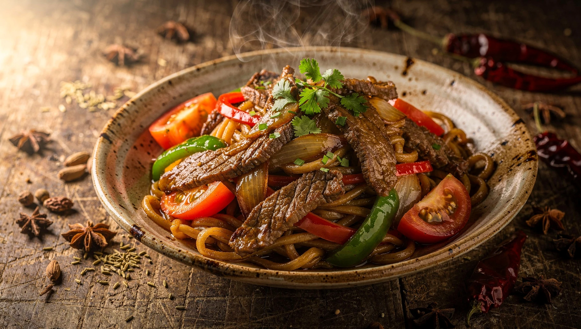 Bol de laghman de Xinjiang con fideos estirados a mano y salteado de carne con pimientos y cilantro fresco