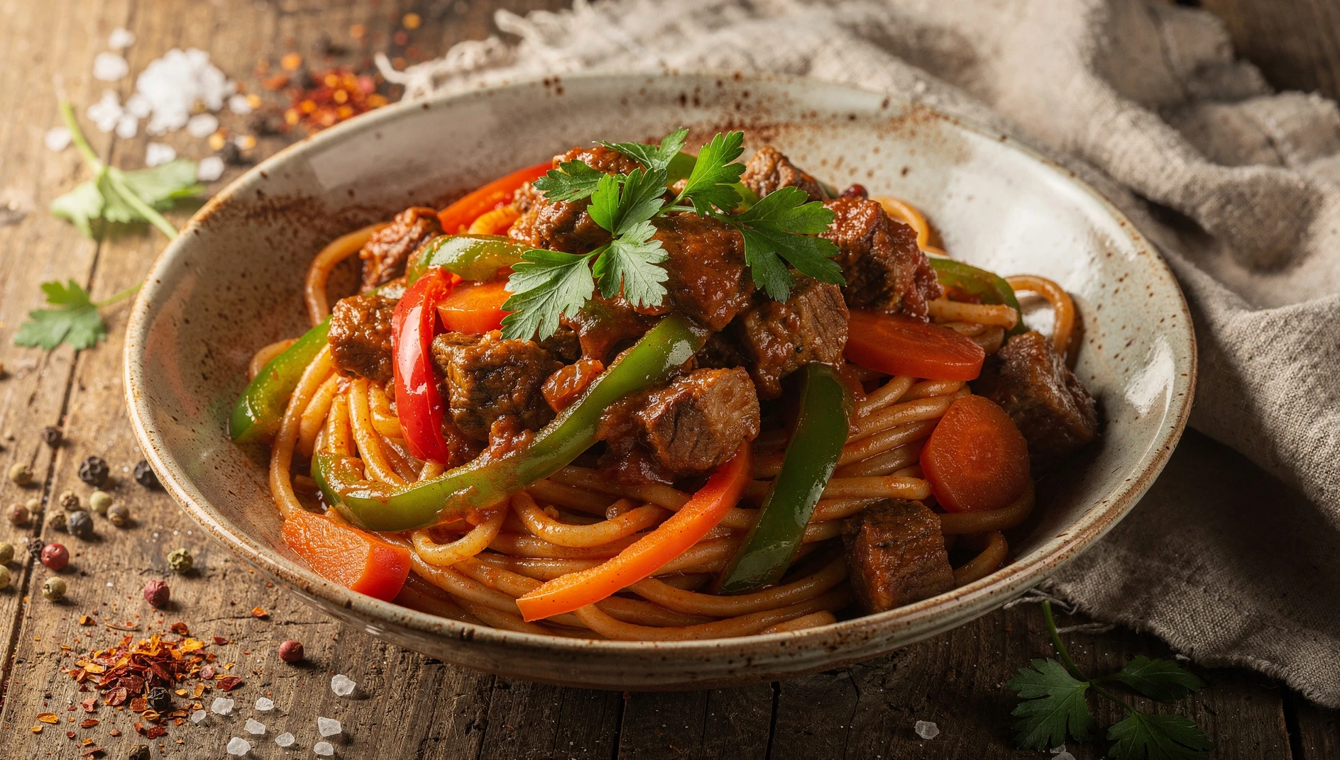 Tazón de lagman crimeotártaro con fideos caseros, salsa de cordero y verduras frescas