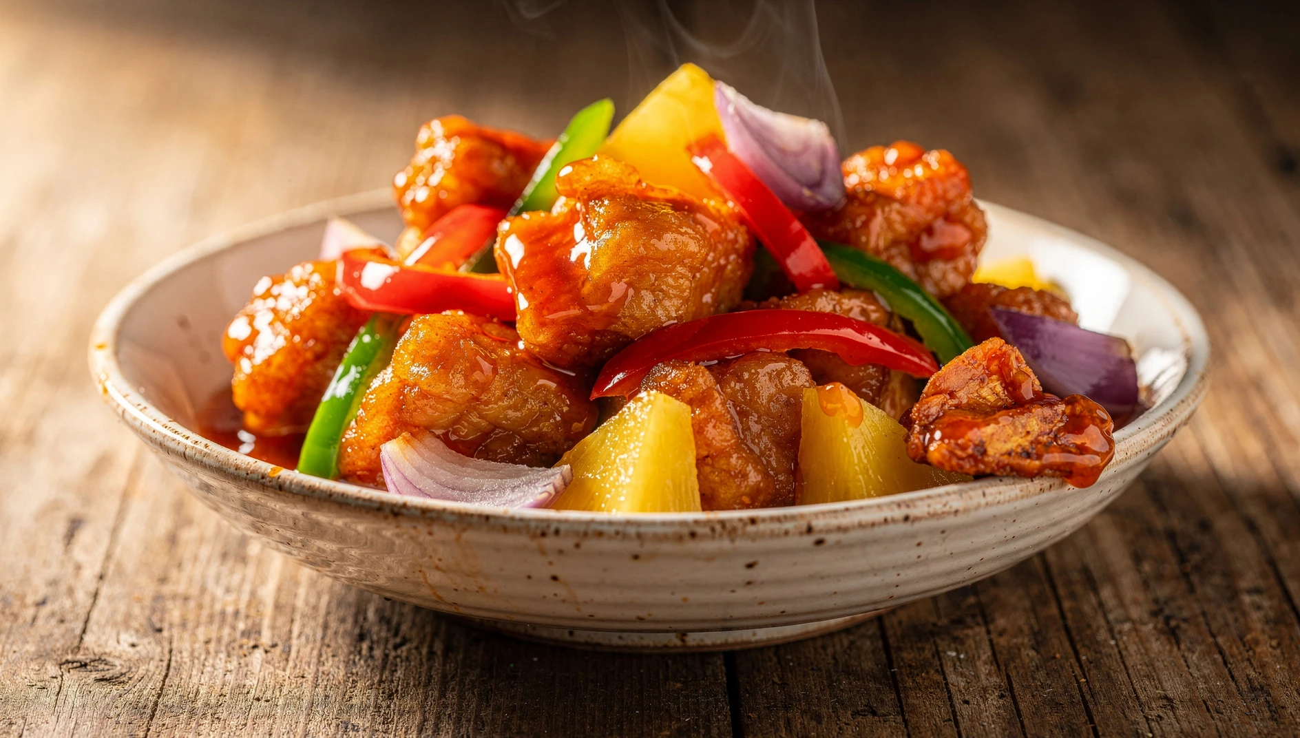 Lizhi rou de Fujian, trozos de cerdo crujiente bañados en salsa agridulce con pimientos y piña
