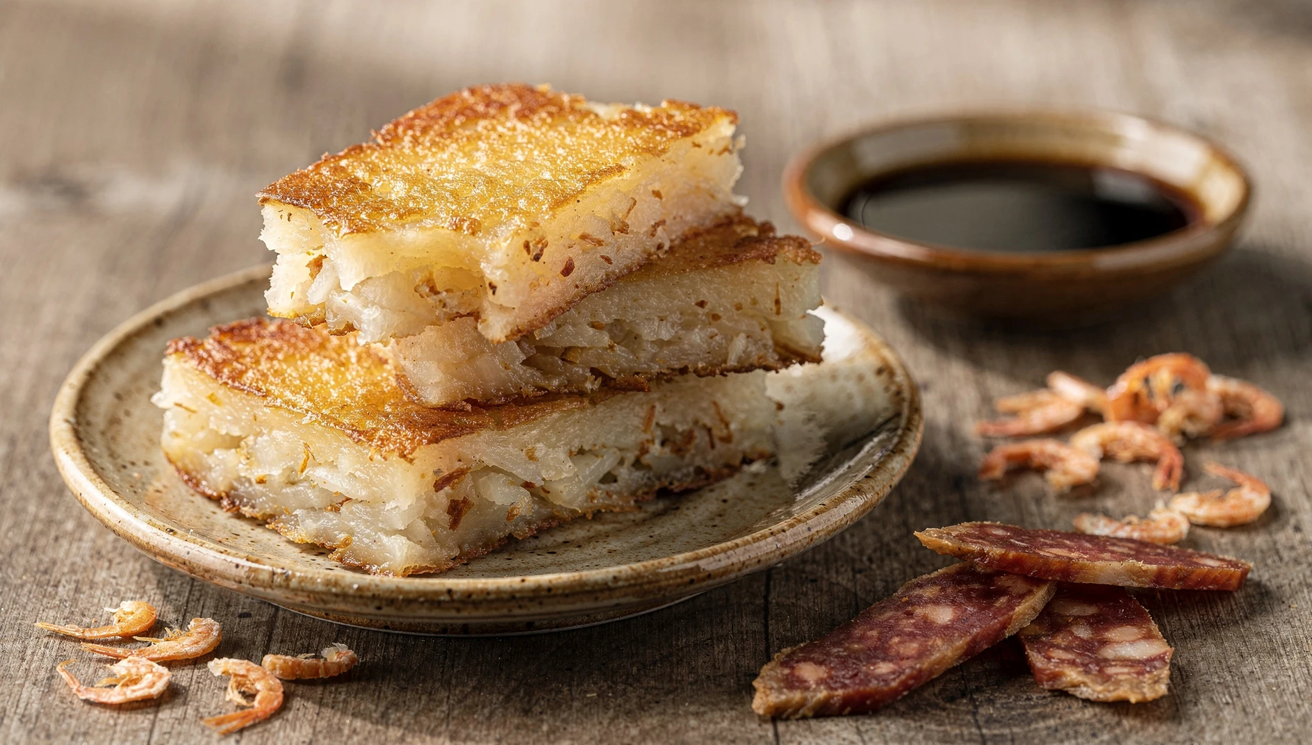 Rodajas de lo bak go doradas y crujientes servidas en un plato de cerámica con salsa de soja al lado